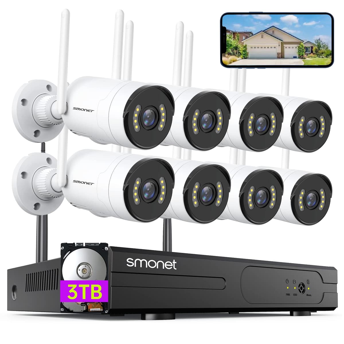 【5MP HD, Audio】 Sistema de cámaras de seguridad inalámbricas, Disco duro 3TB, Kit NVR CCTV completo SMONET de 8 canales, 8 cámaras IP interior/exterior con visión nocturna, impermeable IP66, APP móvil gratuita SMUS-W885M3TAS-WL-XM