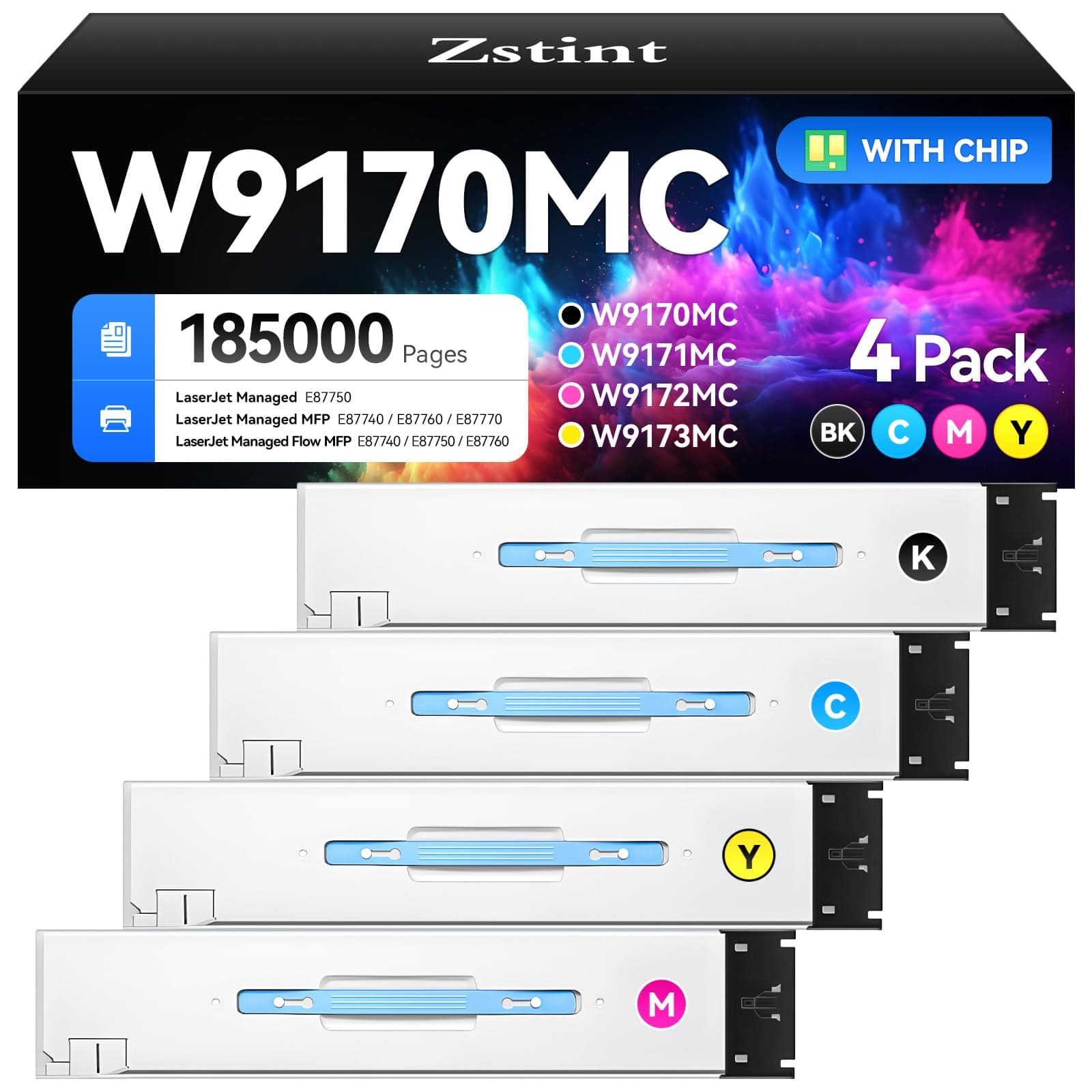 Zstint Set 4-Pack Toner W9170MC Compatible para HP E877xx ZS-US-H-W9170MC-1B3C