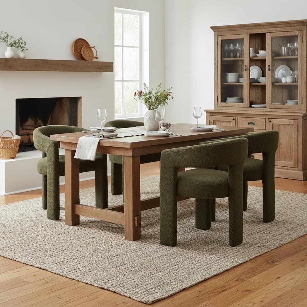 Sillas de comedor DAYALANE estilo barril - Juego de 4, tapizadas en bouclé, respaldo curvo, verde cbc85ef0-0673-48d1-9280-b2b8239542a5