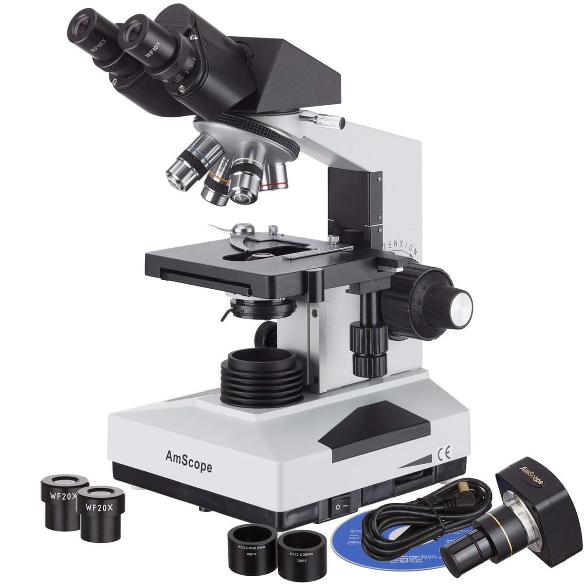 AmScope B490B-3M Microscopio compuesto digital binocular, oculares WF10x y WF20x, aumento 40X-2000X, campo claro, iluminación LED, condensador Abbe, platina mecánica de doble capa, cabezal deslizante, óptica de alta resolución, anti-moho, incluye cámara 3MP con lente reductora y software