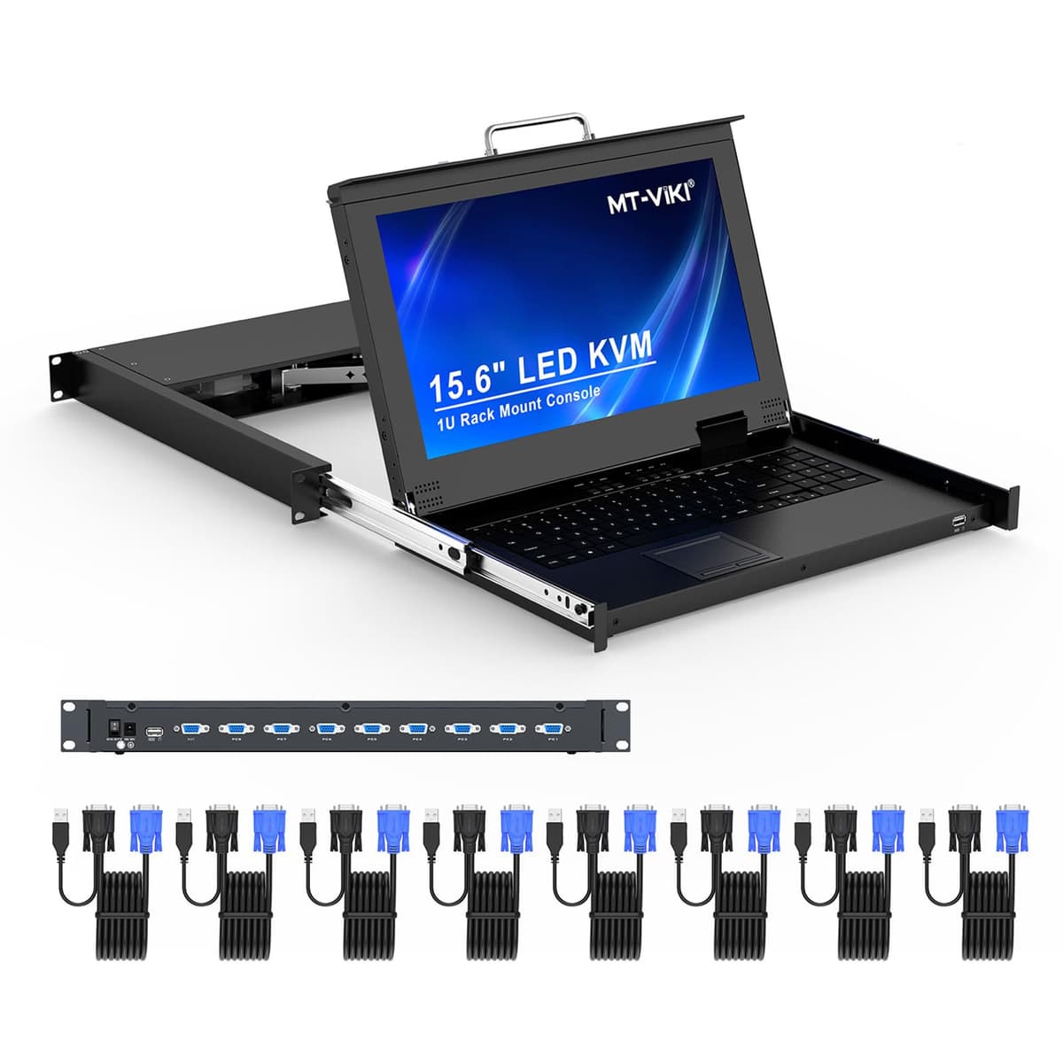 MT-VIKI Rack Mount KVM 8 Port con Monitor 15.6" 1080P, Touchpad y Teclado Integrados VC-1568UL