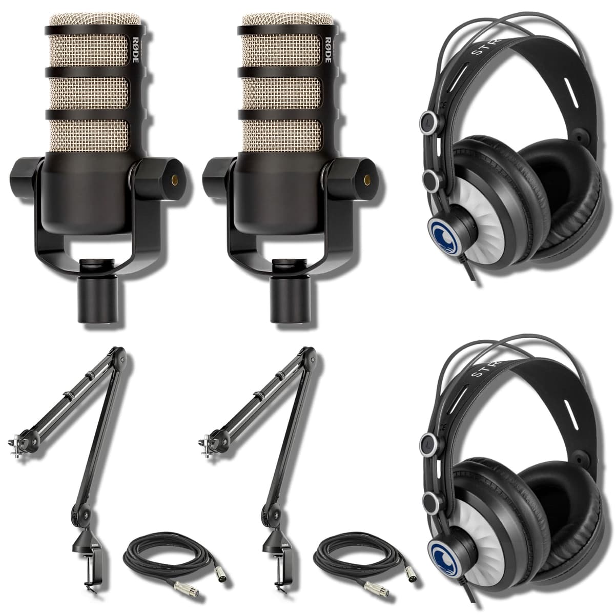 Par Rode PodMic con brazos PSA1, audífonos StreamEye Cans50 y cables XLR