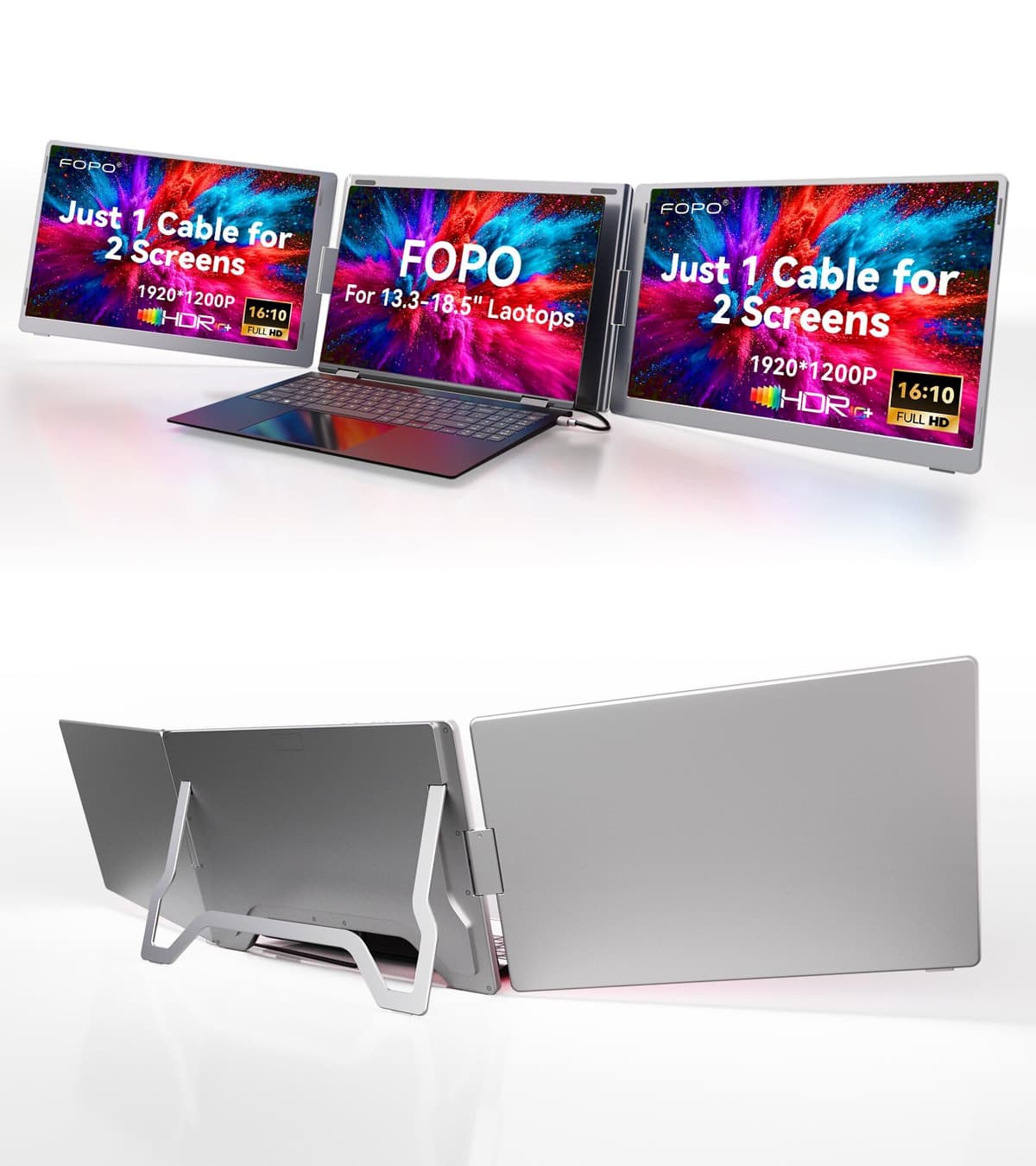FOPO Extensor de Pantalla Portátil de 16" para Laptop, Monitor Cuádruple, Solo 1 Cable para 3 Pantallas, Extensor de Laptop FHD 1080P IPS Compatible con Windows/Mac para Laptops de 13.6" a 18.5" S900