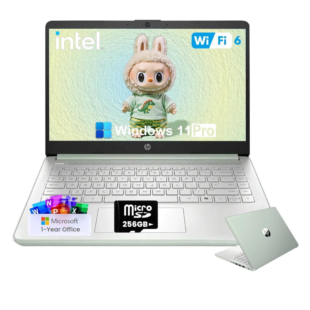 HP 2025 Laptop Estudiantil para Negocios - con 1 Año Office 365, 16GB RAM, 128GB UFS y 256GB Tarjeta SD, Ai Copilot Procesador Intel 4 Núcleos, Pantalla HD, Windows 11 Pro (Verde) N-Series