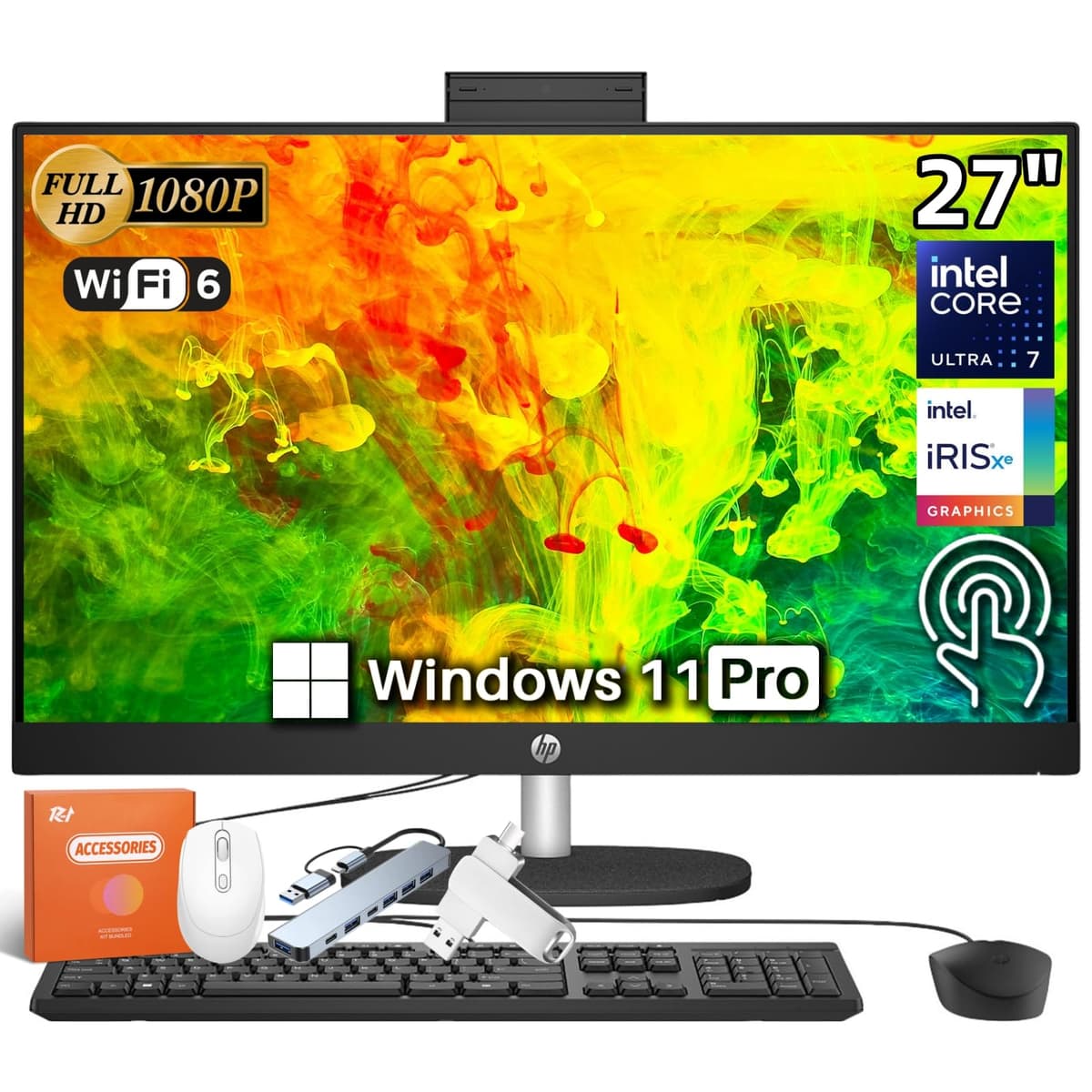 HP All-in-One táctil de 27" 2025, Intel Ultra 7 de 12 núcleos 155U (hasta 4.8 GHz), pantalla FHD antirreflejo de 27", 64 GB DDR5, SSD de 2 TB, Windows 11 Pro, accesorios, negro ébano HP 27 All-In-One Desktop