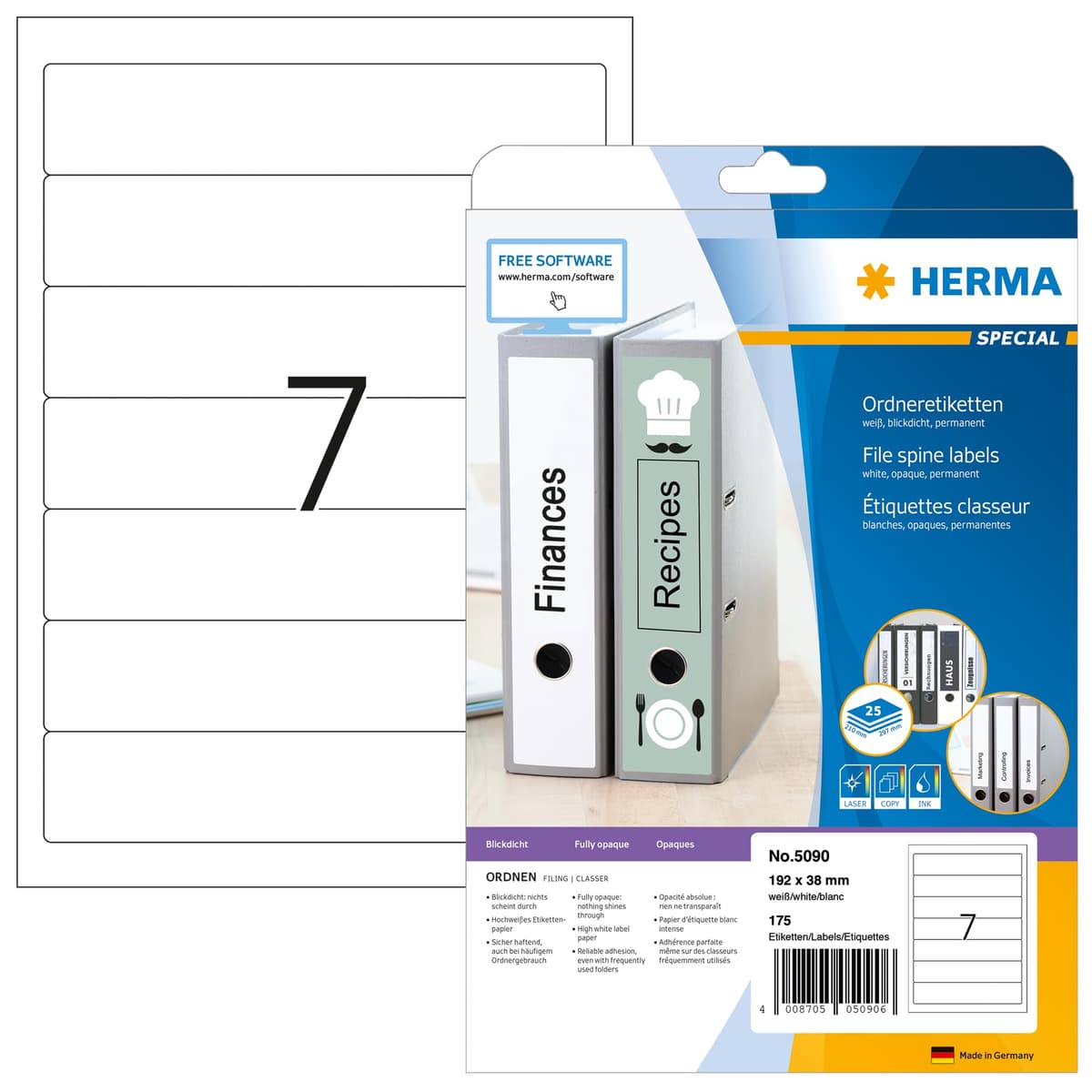 Herma 5090 Etiquetas adhesivas para lomo de carpeta 192 x 38 mm, 5600 unidades