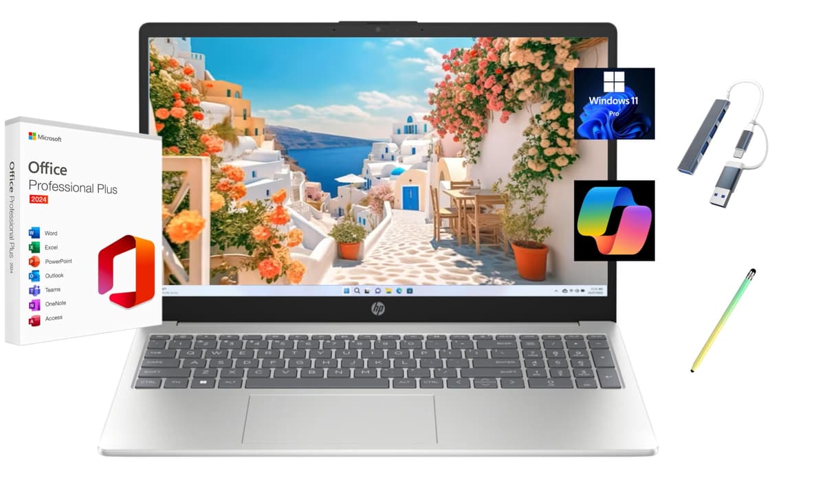 HP Pavilion 15.6" 2025 Laptop con pantalla táctil FHD, Microsoft Office 2024 gratis de por vida, Intel Core i7-1355U, 64 GB RAM, 2 TB SSD, Windows 11 Pro, Plateado Natural, Copilot, con hub USB y lápiz óptico 15-fd0127dx