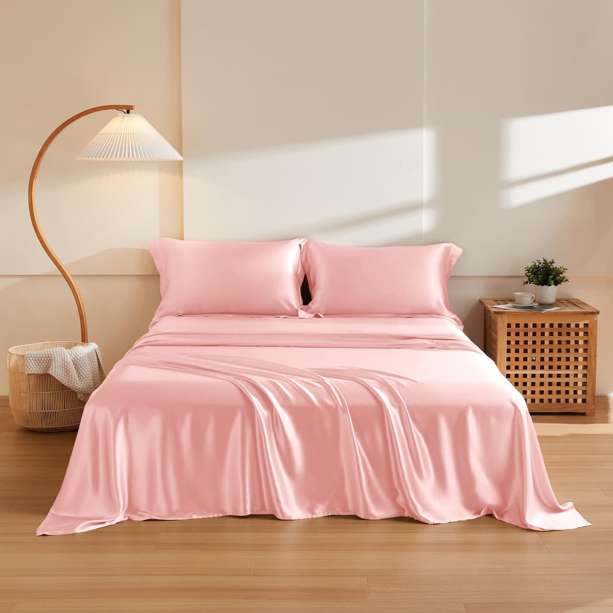 THXSILK Juego de sábanas de seda 4 piezas King - Mulberry 19 Momme, Charming Pink