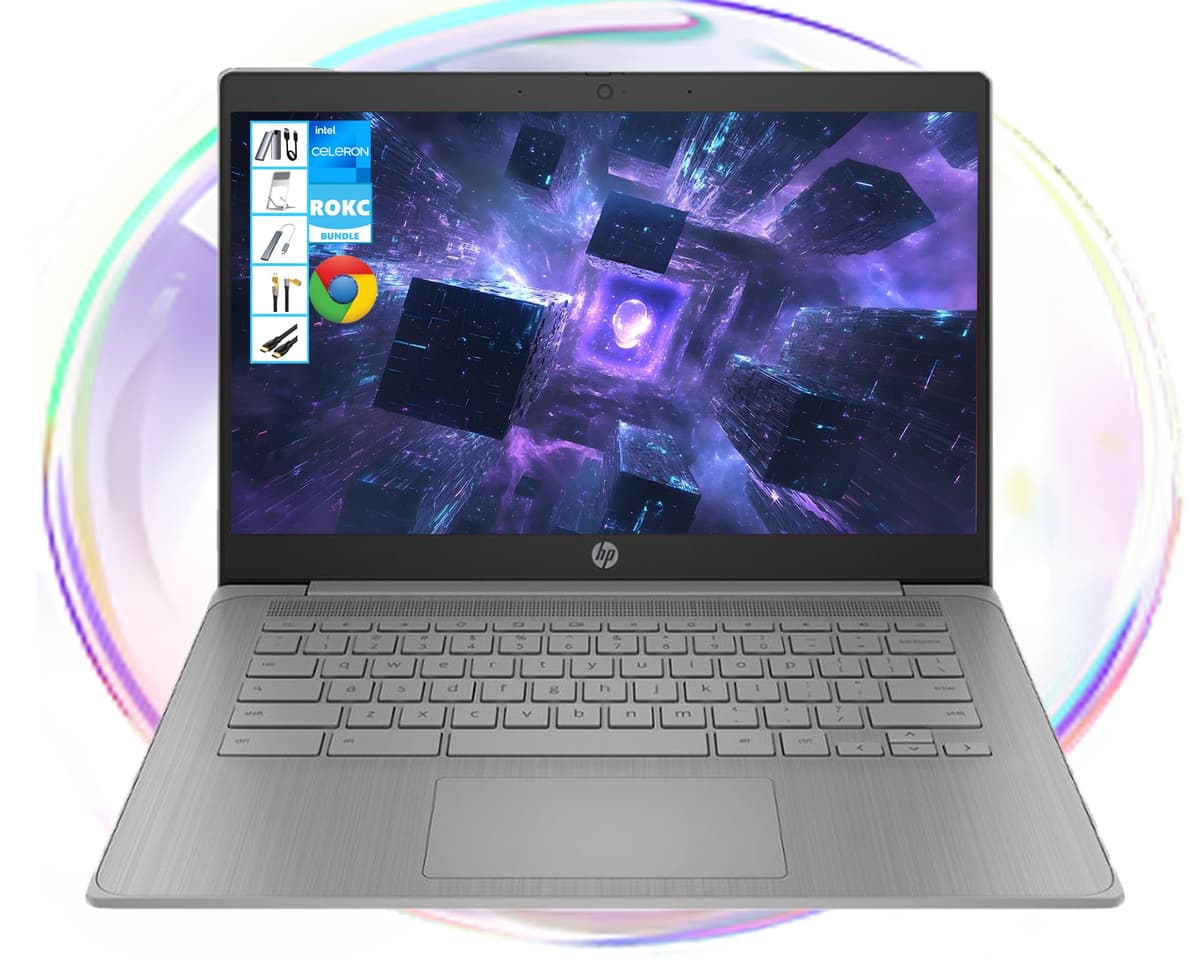 HP Chromebook con Gemini-AI Chrome OS | Pantalla HD de 14" | 4GB RAM | 64GB eMMC & tarjeta de 64GB & SSD portátil de 128GB | CPU Intel Celeron de 4 núcleos | Cámara web | USB-C | Wi-Fi | Ultra ligero | Larga duración de batería | Paquete RK 14a-ne0013dx