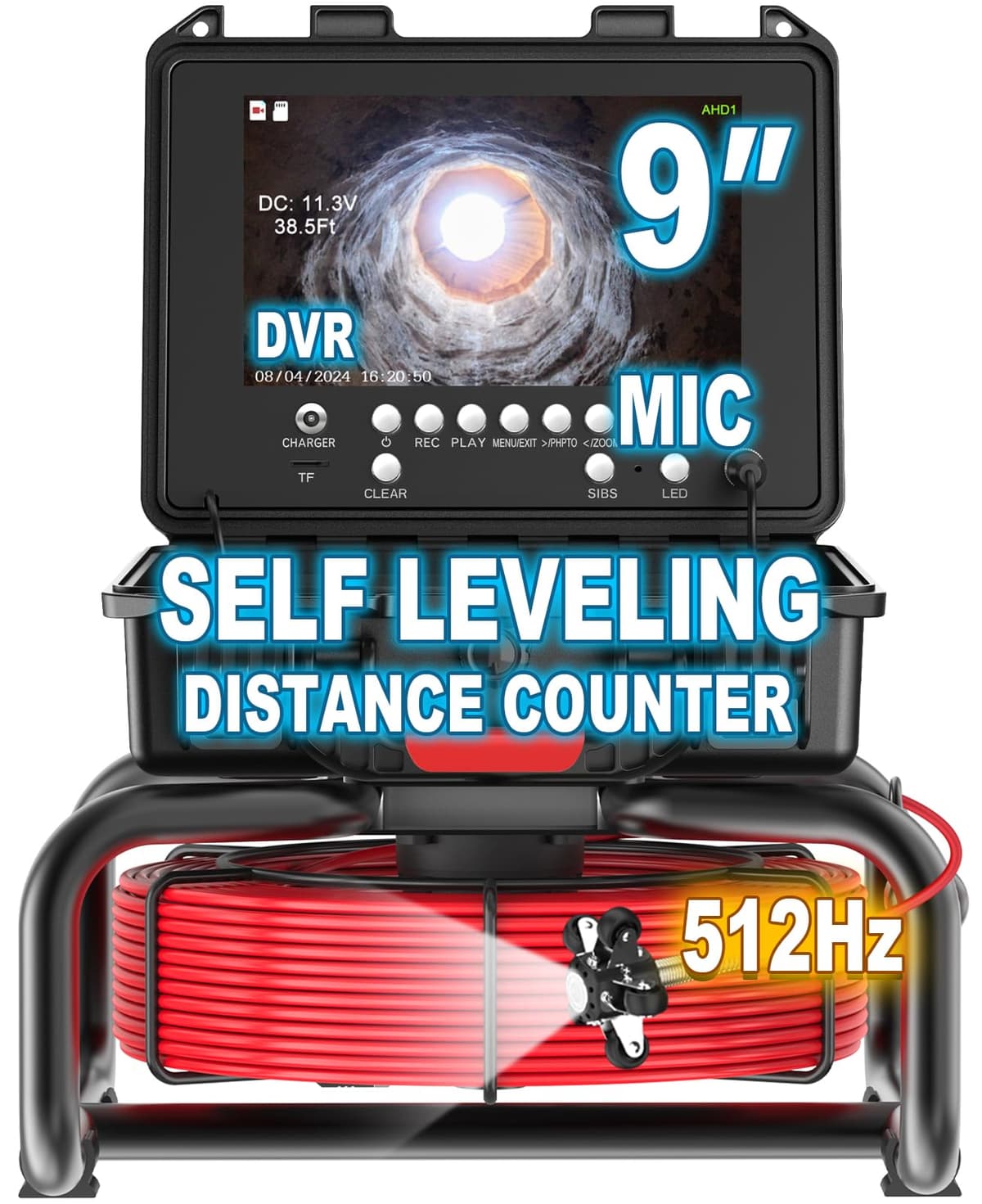 Anysun Cámara de Inspección de Cañerías 100ft con Sonda 512Hz, Autonivel y DVR 9" 1080P anysun-SY69-5C-512-30