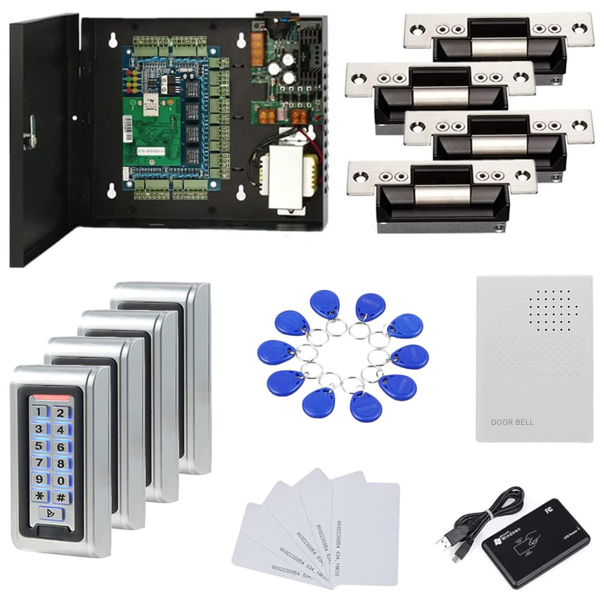 MENGQI-CONTROL Teclado Metálico Impermeable Lector de Teclas Cerradura de Electroimán Estándar Norteamericana Control de Acceso 4 Puertas TCP/IP Fuente 110-240V + Llaveros/Tarjetas RFID 4 door panel keypad-ansi strike w