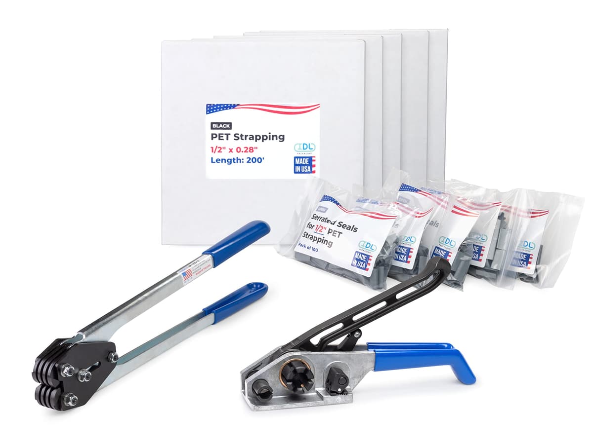 IDL Packaging Kit de flejes PET 1/2" x 1000' (760 lbs) - 500 sellos incluidos US-PSK.12.1000