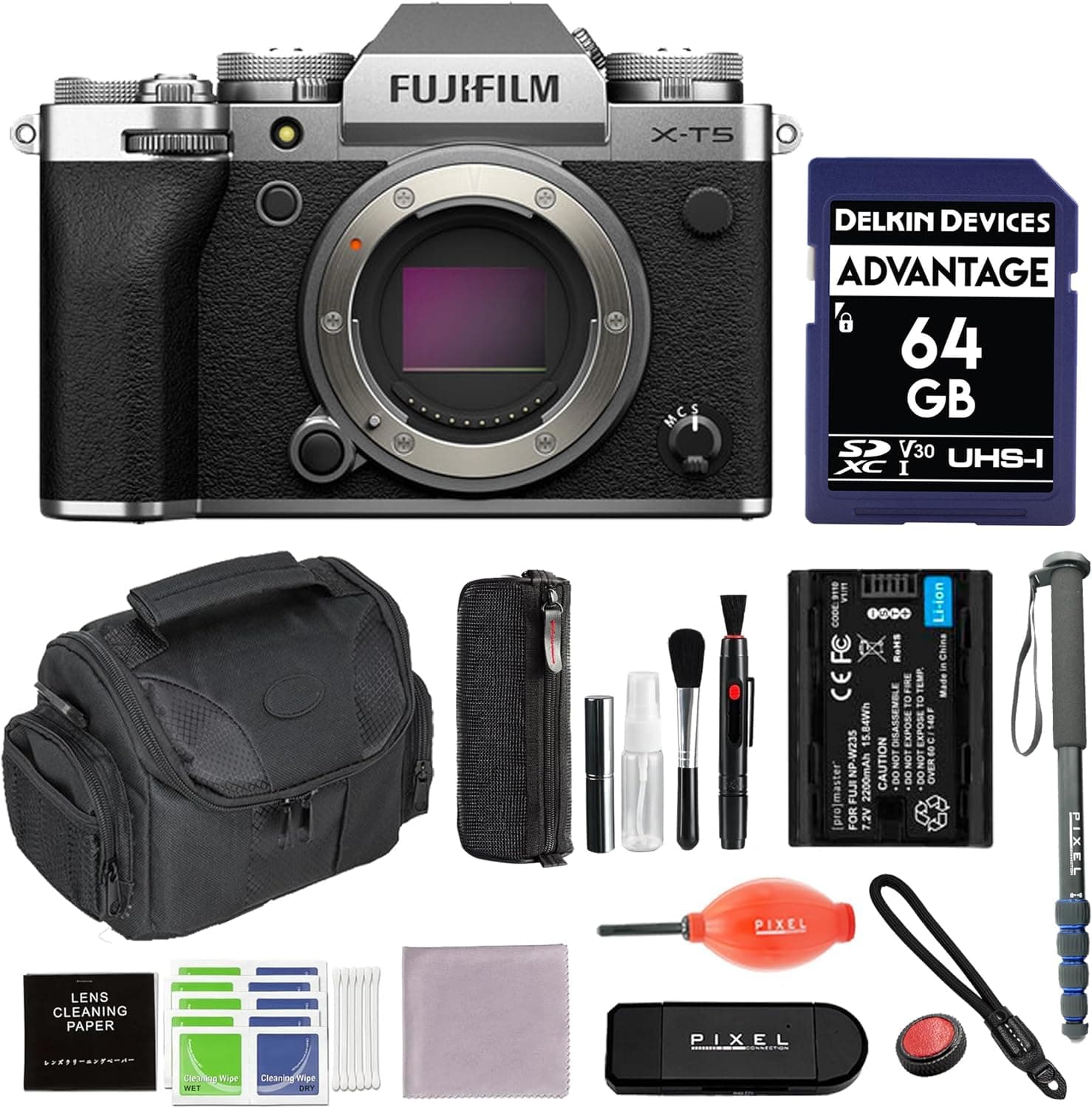 Pixel Connection FUJIFILM X-T5 Mirrorless Camera (Silver) Bundle con batería extra, monopod y 64GB 16782337