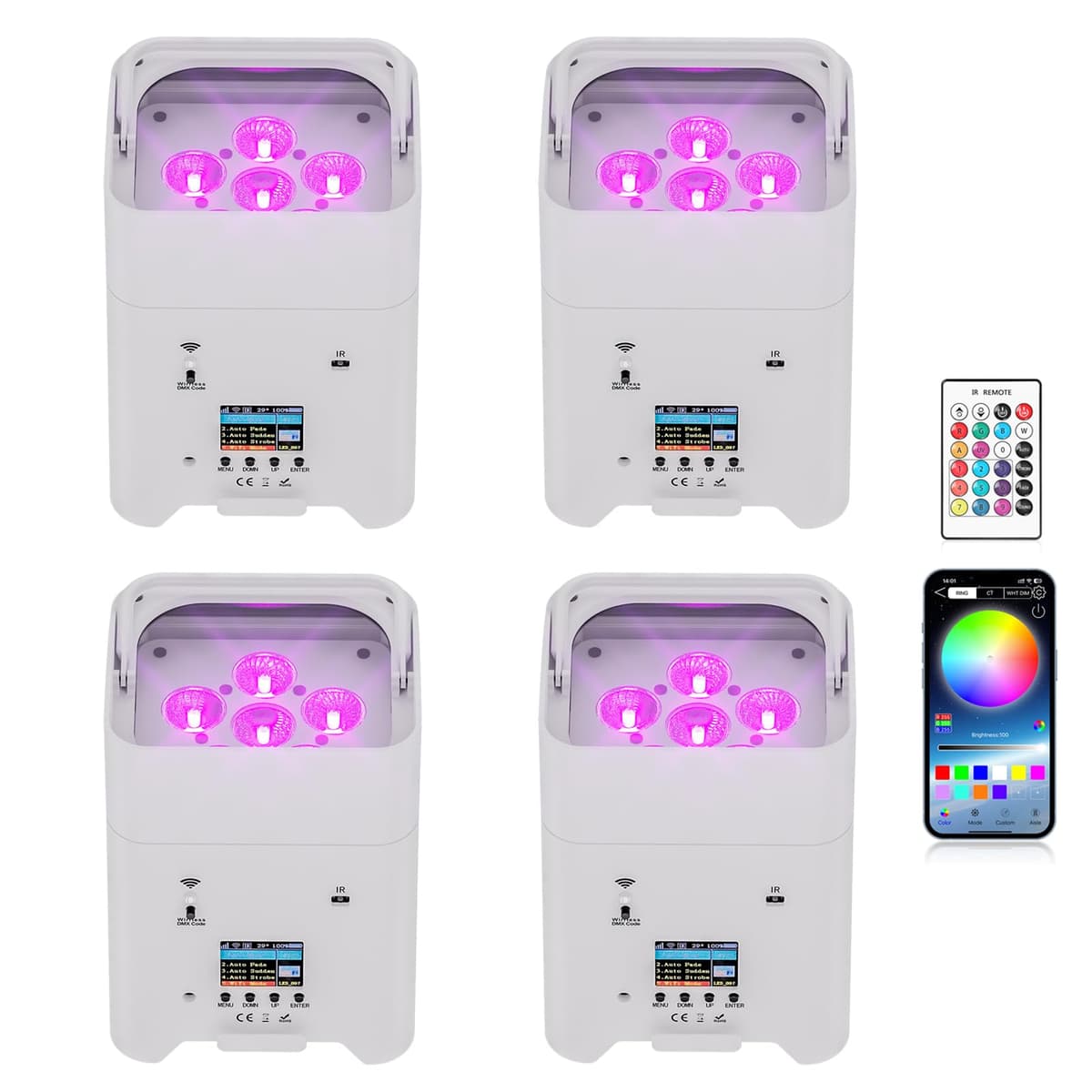 HOLDLAMP Luces par recargables 4Pcs 9600mAh RGBWA+UV 6×18W con batería, APP, DMX512 y control remoto ZQ01529