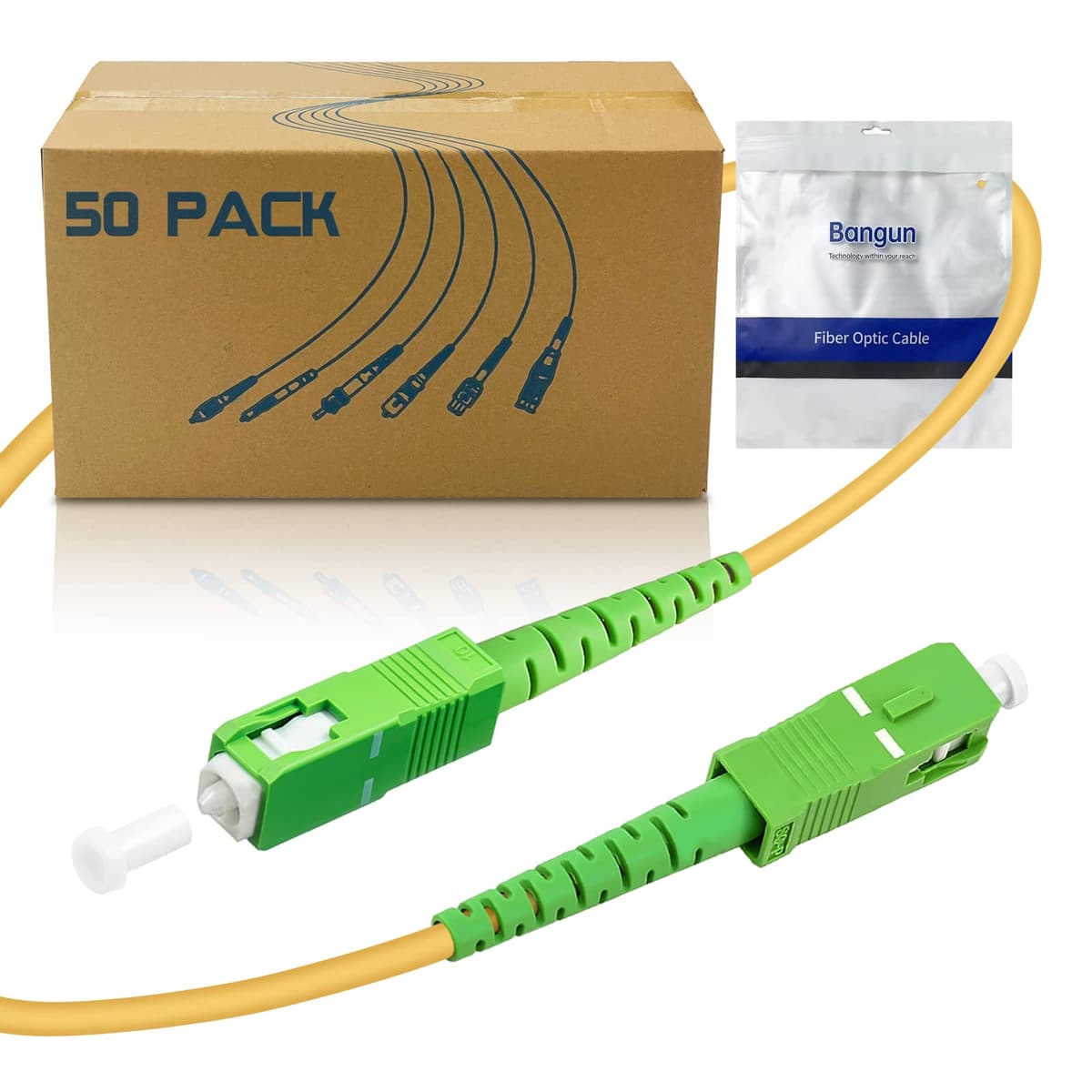 Bangun Pack de 50 - Cable de Internet de Fibra Óptica SC/APC a SC/APC de 30 m, Cable Patch Monomodo, Jumper de Fibra Óptica - SIMPLEX - 9/125 µm - Compatible con OS1/OS2, LSZH Amarillo Ban-apc-30my-50pk