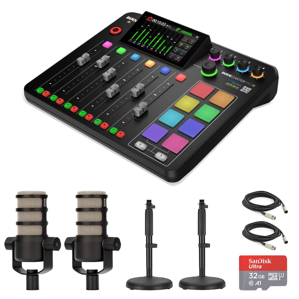 StreamEye Rode RODECaster Pro II Consola de Producción de Audio + 2x PodMic, 2x DS1, 32GB microSD y Accesorios RCPII | PodMic | DS1 x2