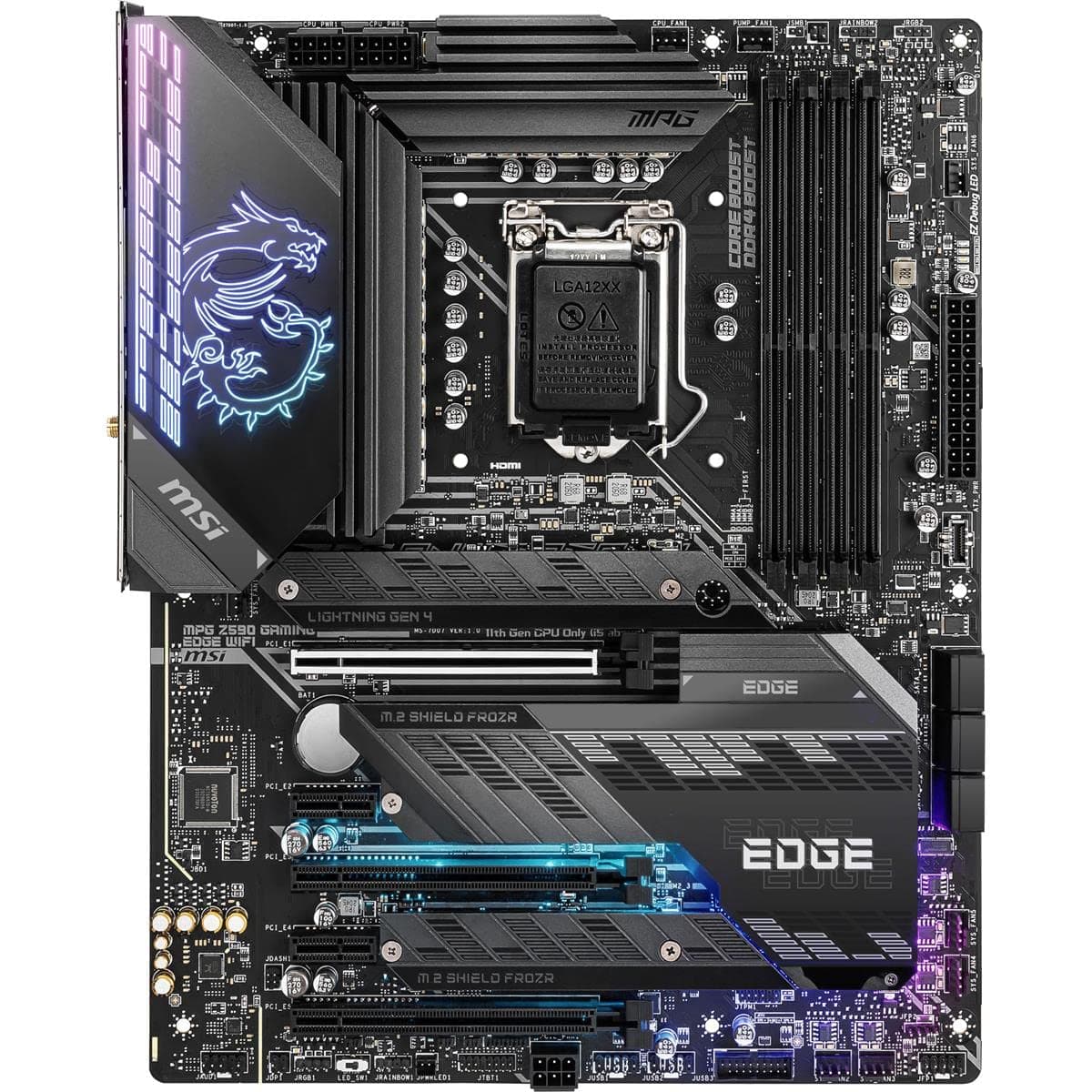 Placa madre MSI MPG Z590 Gaming Edge WiFi (ATX, Intel Core de 11.ª/10.ª generación, socket LGA 1200, DDR4, PCIe 4.0, CrossFire, ranuras M.2, USB 3.2 Gen 2, Wi-Fi 6E, DisplayPort/HDMI, Mystic Light RGB) Z590EDGEWIFI