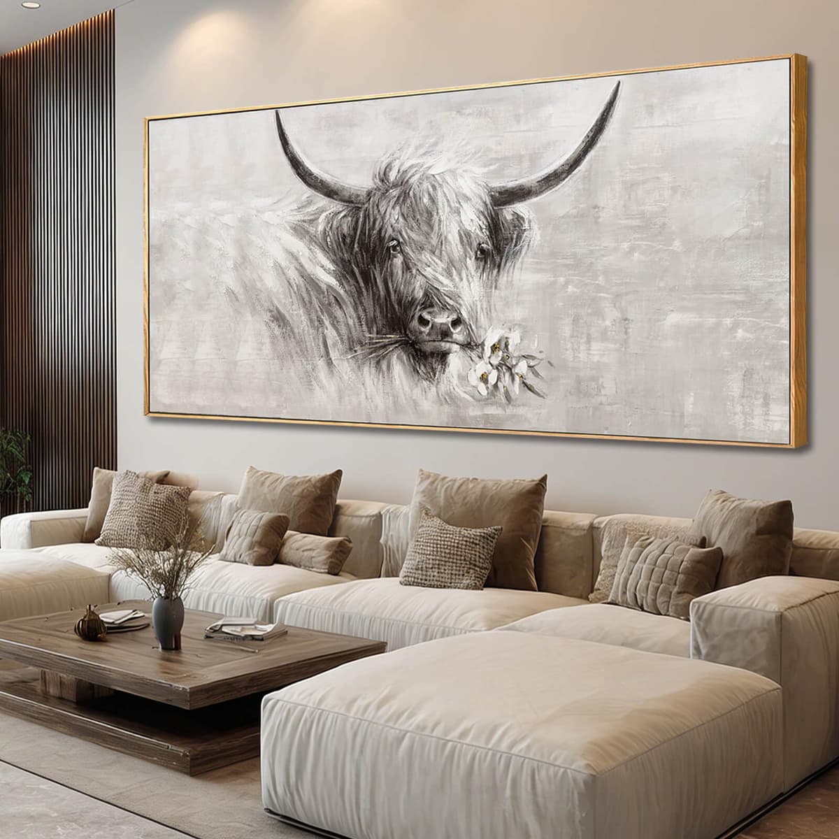 MLART99 Cuadro en lienzo extragrande de vaca gris, dorada y blanca con flores - póster animal moderno estilo granja para sala, dormitorio u oficina, 40×88 pulg.