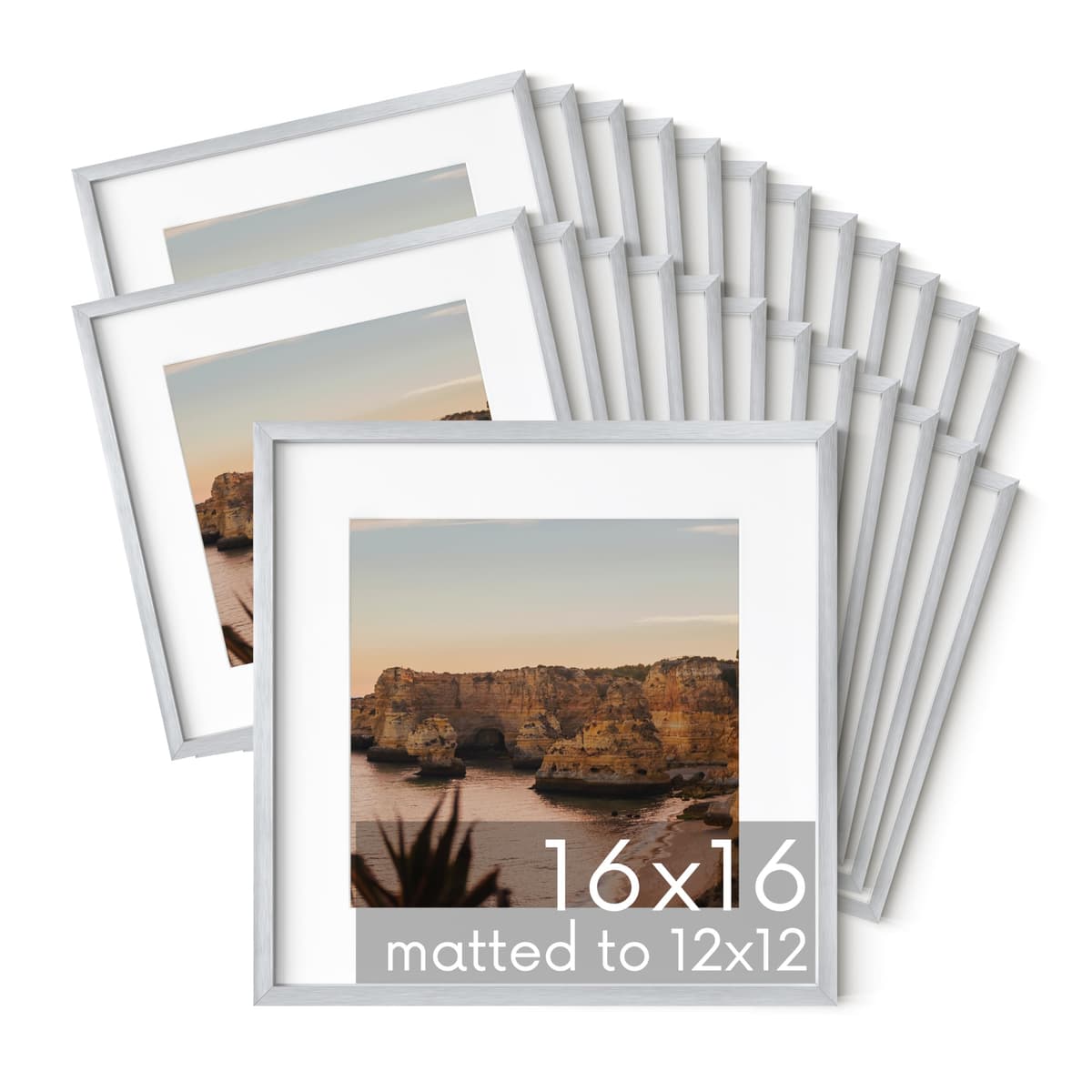 Marcos de fotos metálicos HAUS AND HUES 16x16 (matted 12x12), plateado, set de 25