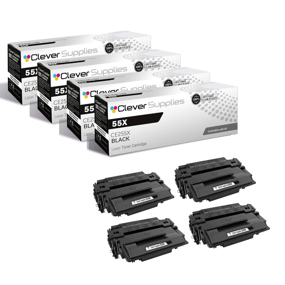 Clever Supplies Cartucho de tóner jumbo reemplazo CS compatible con HP 55X CE255X / 55A CE255A Negro 4 Pack CS-HP-MICR-55X-4BK