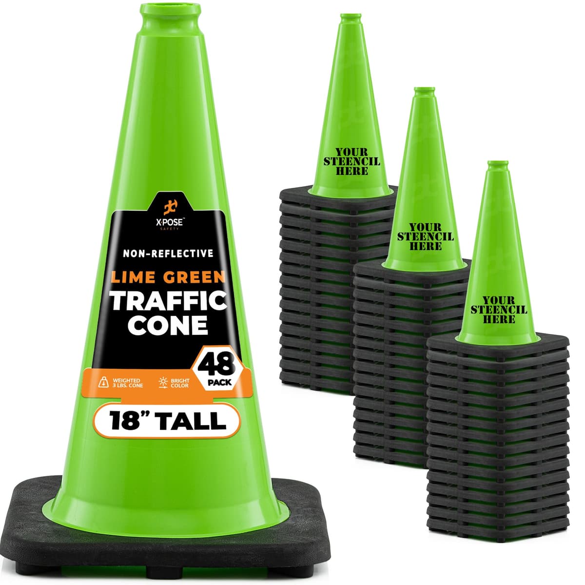Xpose Safety cono de tráfico 18” verde lima - paquete de 48 LTC18-48-X