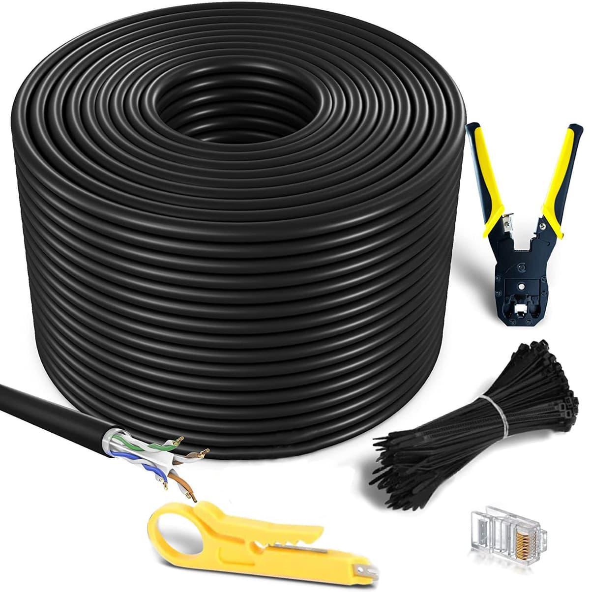 MutecPower Cable Ethernet de Exterior CAT6 300 m Impermeable para Enterrar Directamente - UTP - CCA - 550 MHz - Negro 300 Metros con Herramienta de Crimpado, Conectores RJ45 y Bridas 106