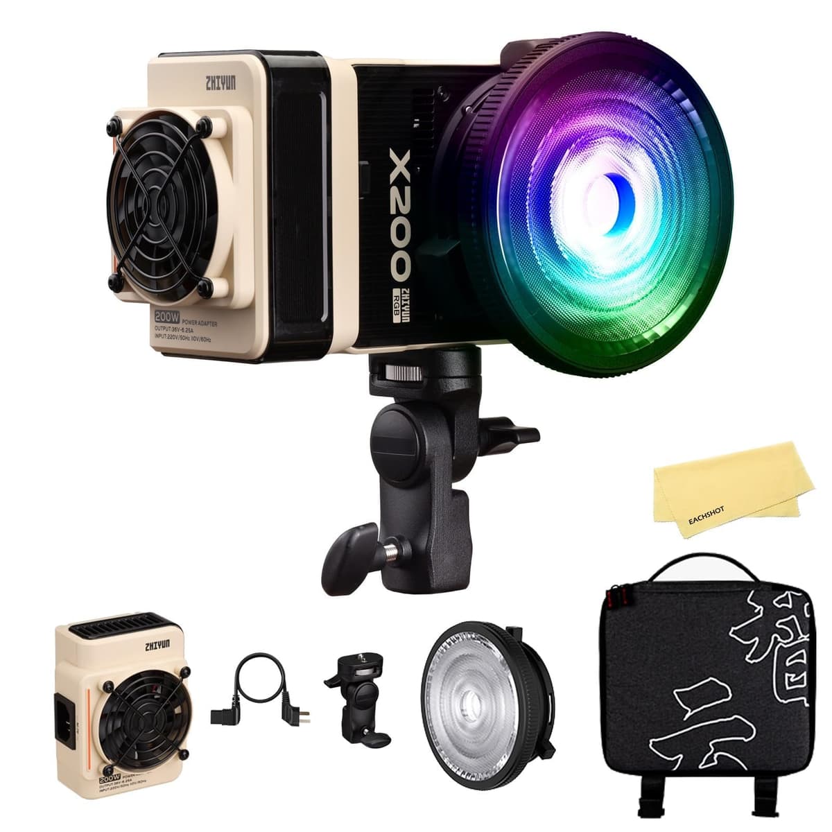 ZHIYUN MOLUS X200 RGB 200W luz de video con 2500K-10000K, V-Mount y difusor Bowens zy00060