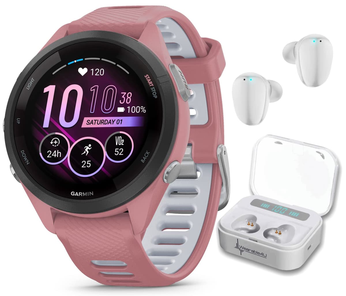 Wearable4U Garmin Forerunner 265S Music GPS Reloj Inteligente para Correr 42 mm, Rosa con Pantalla Táctil AMOLED de 1.1" Auriculares Blancos Incluidos TWS X7/X7-1