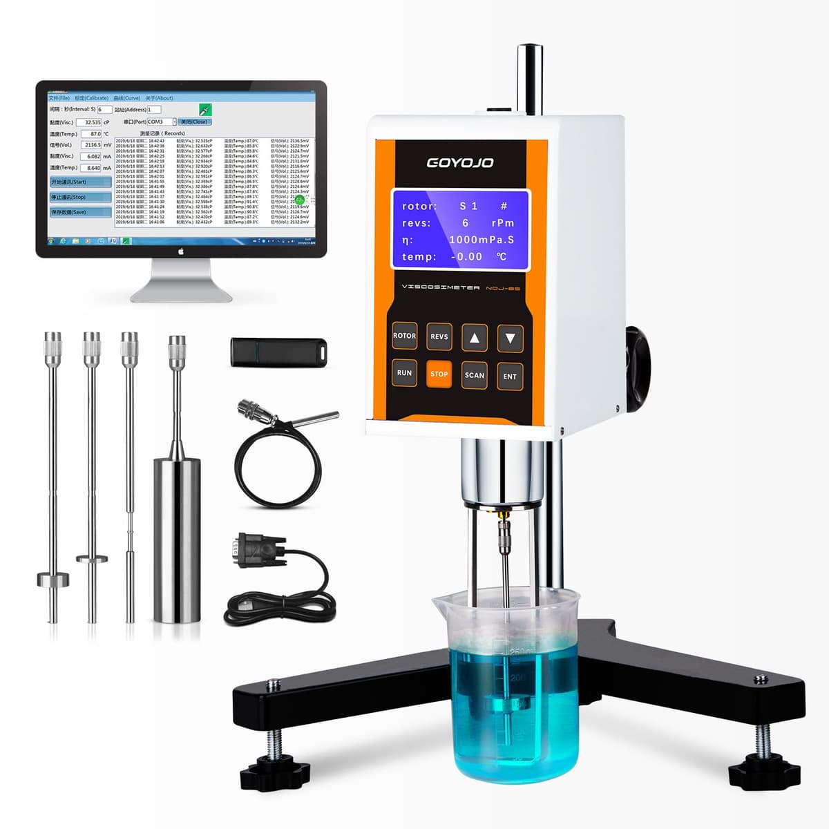 GOYOJO Viscometro rotatorio digital con 4 rotores y sonda de temperatura, medidor de viscosidad de laboratorio con salida de datos para tintas, pinturas, recubrimientos, adhesivos, grasas, cosméticos 10-2.000.000 mPa·s, Precisión: ±3.0% NDJ-8S GYJ-NDJ-8S-0089