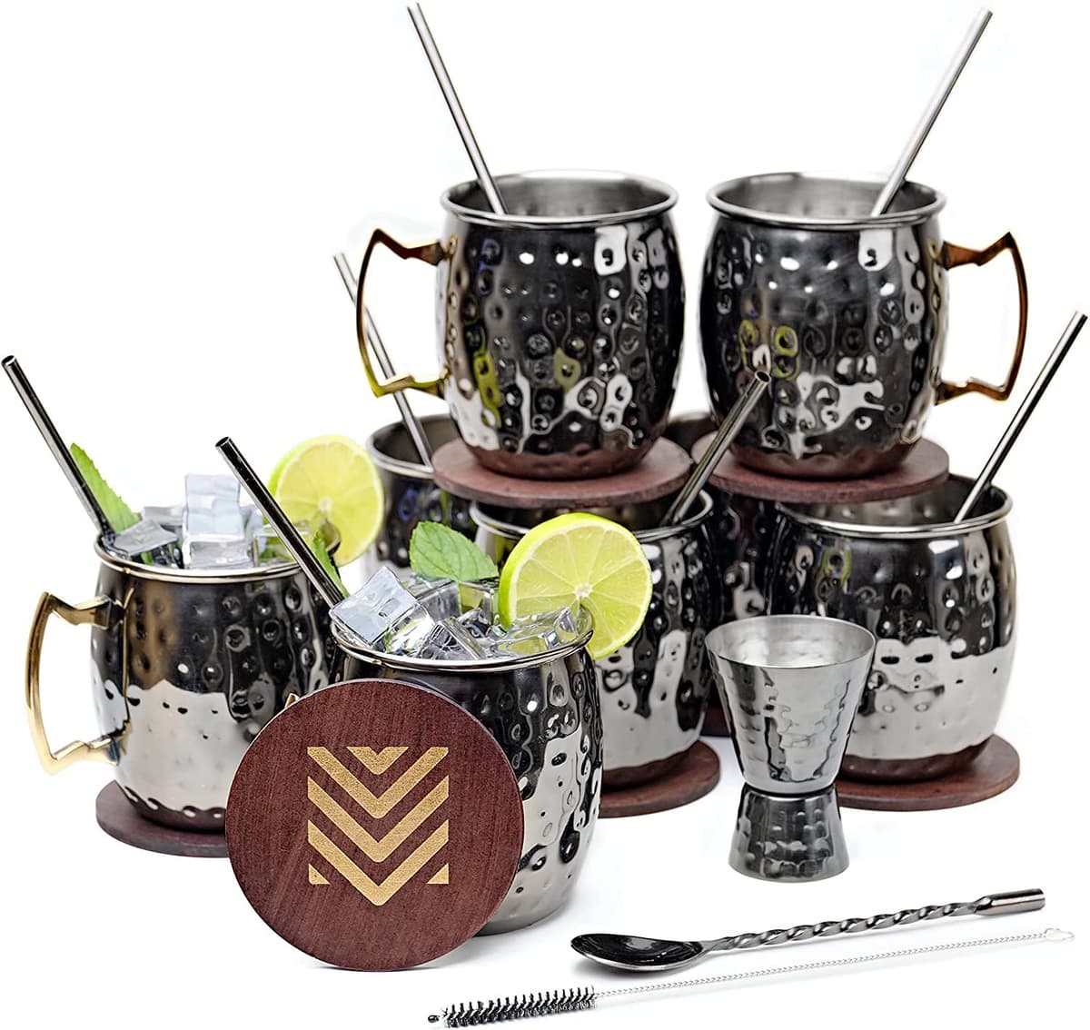 Advanced Mixology Mixología Avanzada [Set de Regalo] Tazas Black Moscow Mule (18 oz) | Taza Black Mule con Acabado Gunmetal | Incluye Popotes, Posavasos, Jigger, Cuchara y Cepillo | Tazas de Hojalata Negras (7 - Juego de 96)