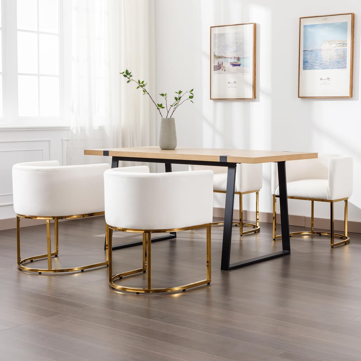 BESTANO Sillas de comedor de terciopelo juego de 4 con respaldo en forma de barril y base dorada, 18.5" de ancho, beige BESTANO-BCH-001