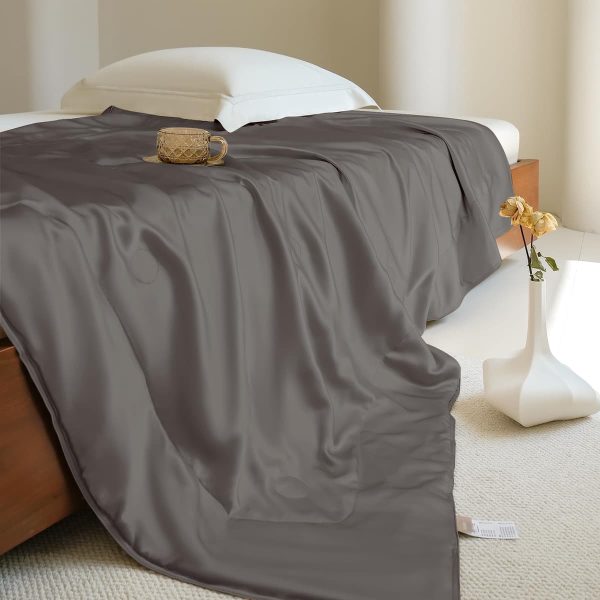 THXSILK Manta de seda 100% mulberry, ligera y fresca, para cama y sofá (Charcoal, King)