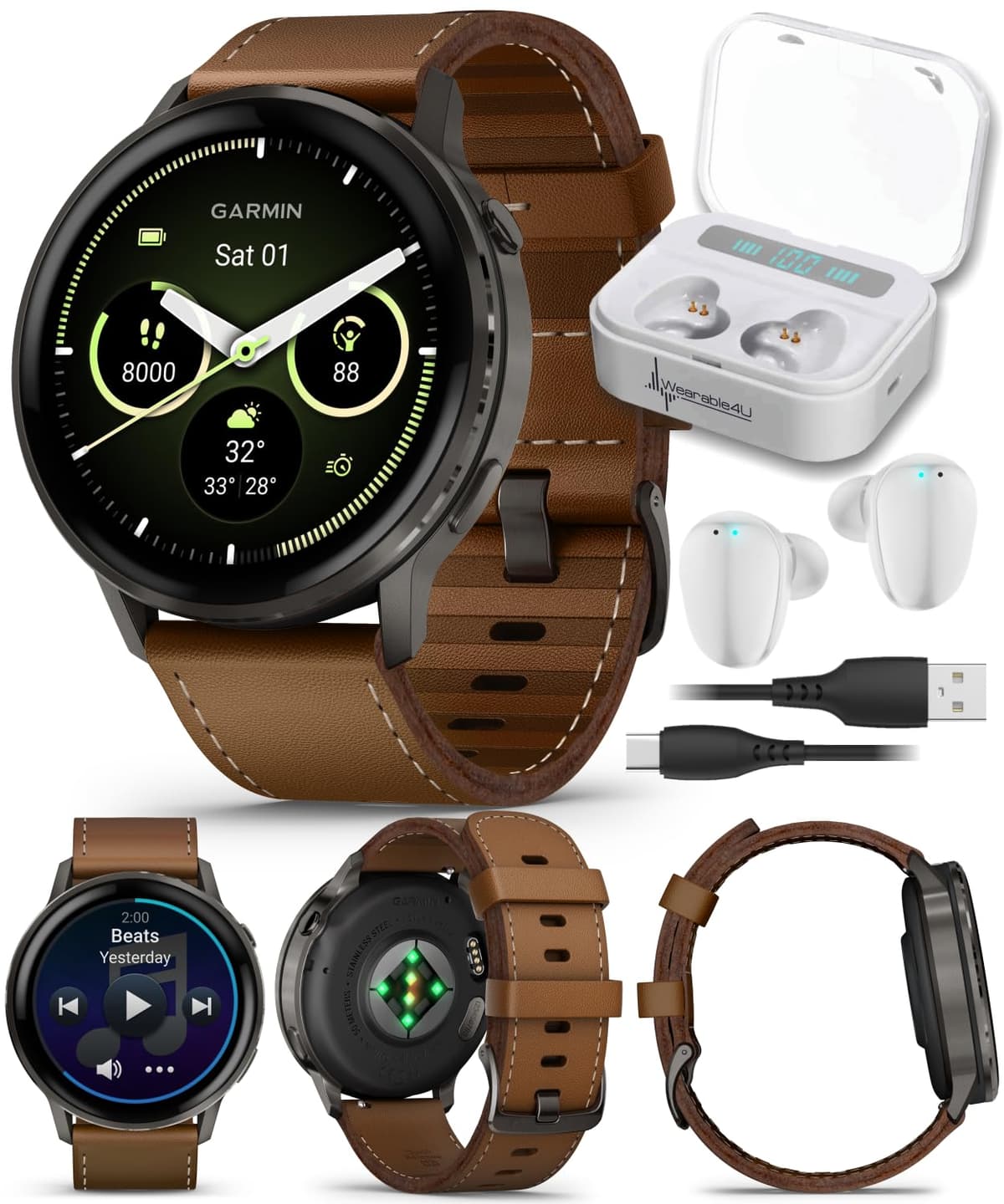 Garmin Venu 4 45 mm Slate con correas negra y cuero marrón y auriculares Wearable4U blancos TWS X7-1