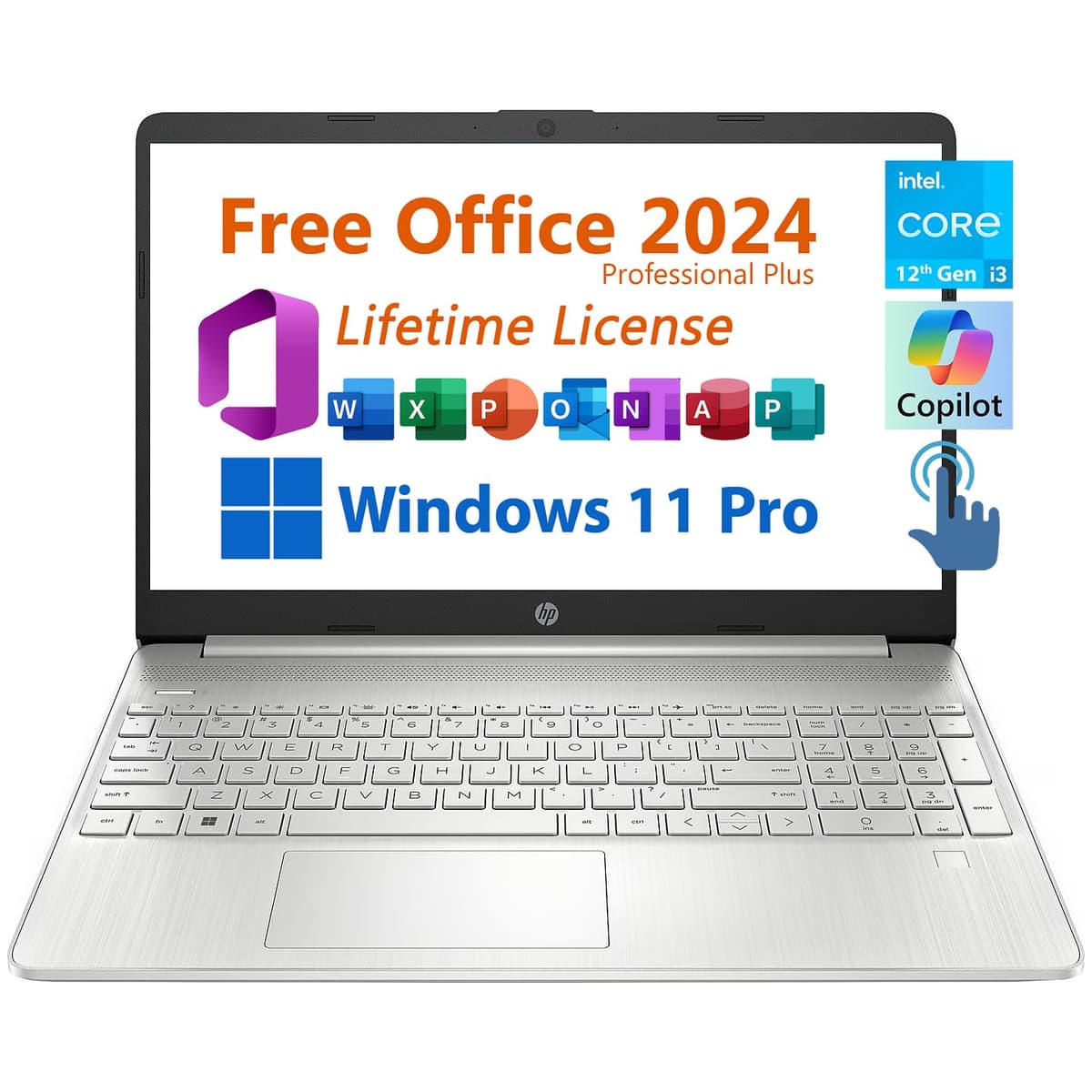 HP Laptop empresarial de 15,6", licencia vitalicia de Microsoft Office 2024, chat Copilot IA, pantalla táctil HD, Intel i3-1215U de 6 núcleos 4.4 GHz, 16 GB RAM, 512 GB SSD, batería de larga duración, Windows 11 Pro 15-DY5033DX