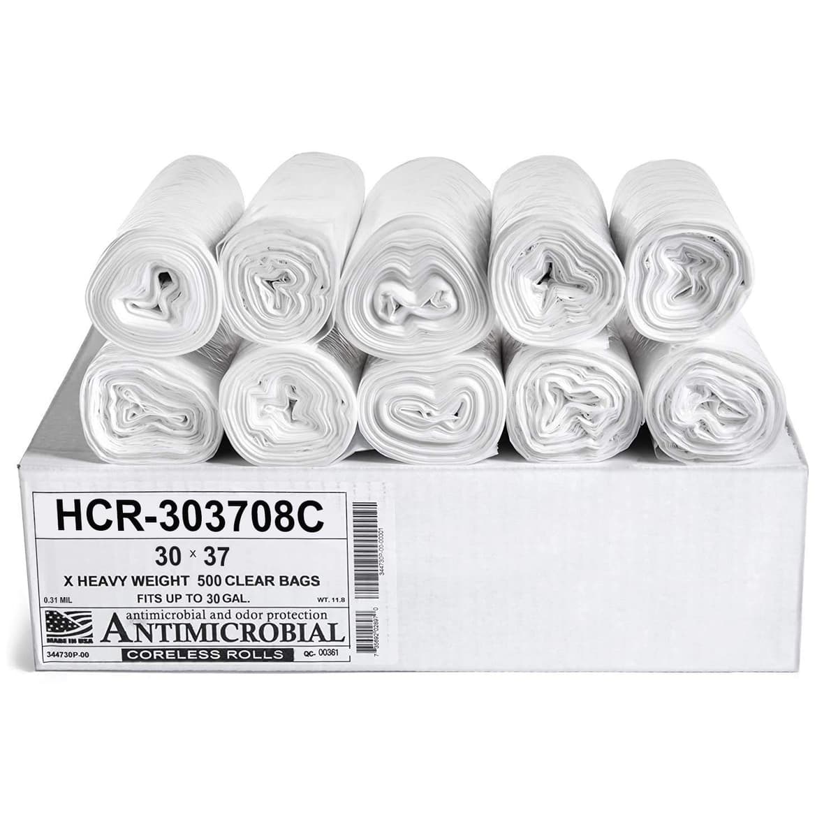 Aluf Plastics HCR-303708C High Density Star Sealed Coreless Roll Bags, 30 gal, Polyethylene, 30" x 37", Clear (1 Pallet of 100 Packs, 50000 Count Total)
