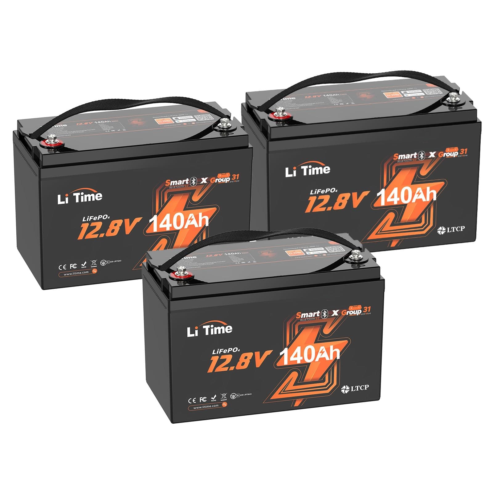 Litime 12V 140Ah LiFePO4 Bluetooth Battery Group 31 - Pack de 3 L12V140-150-GROUP31-BT-4-A100