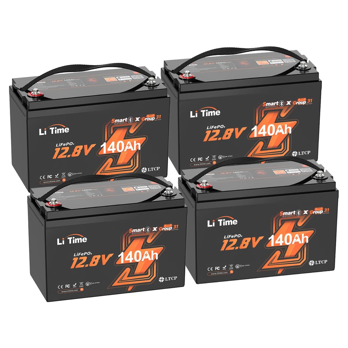 Litime 12V 140Ah LiFePO4 Bluetooth - Group 31, 150A BMS (4Pack) para RV, Marine, Solar L12V140-150-GROUP31-BT-4-A100