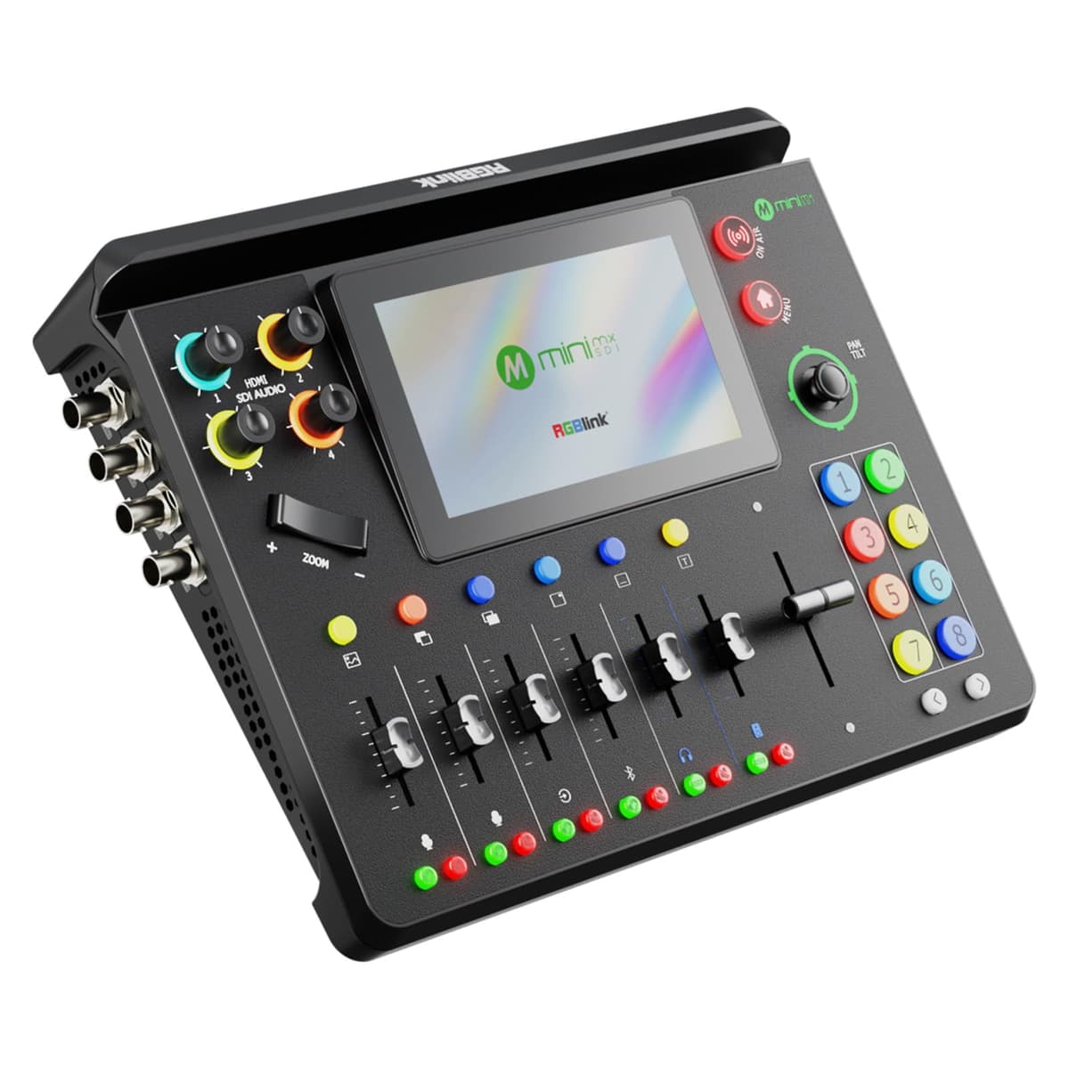 RGBlink mini-mx SDI Multi-Camera Video Switcher para Live Streaming, mezclador broadcast 10 canales con 4 HDMI 4K, 4 SDI, UVC/NDI, pantalla táctil 5.5", audio XLR
