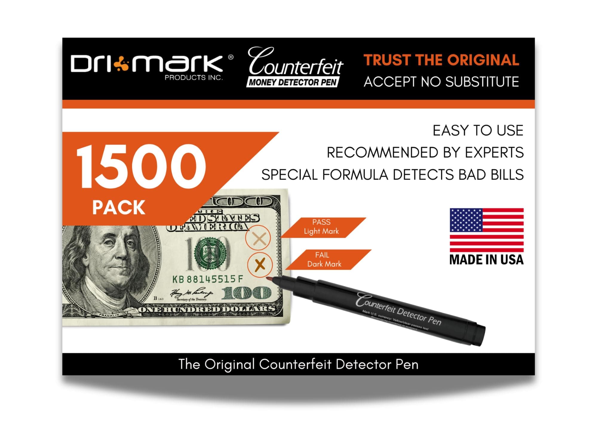 Dri Mark CFD1500Pk Marcador Detector de Billetes Falsos 1500 Pack, Hecho en USA