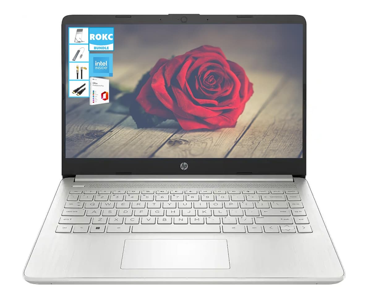 HP Portátil AI de 14" HD con Microsoft Office y 1 TB de almacenamiento en la nube incluido por 1 año | 16 GB RAM | 128 GB SSD | CPU Intel de 4 núcleos | Webcam | Wi-Fi | Bluetooth | Ultraligero | Windows 11 | Paquete RK | Plateado 14-dq0762dx