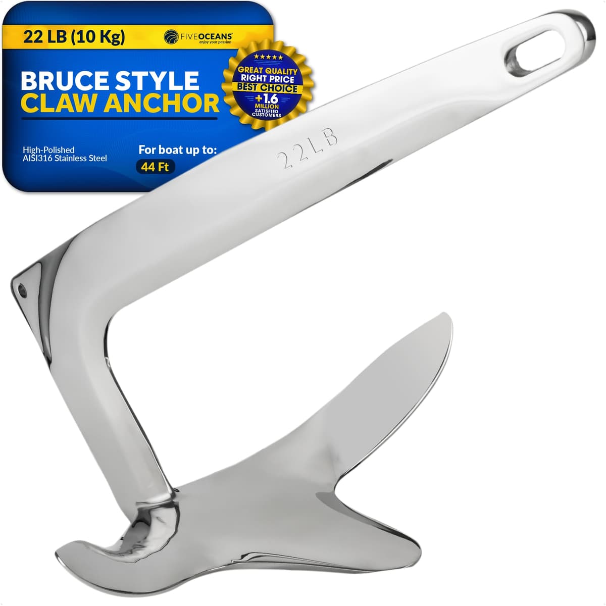 Five Oceans FO337 Ancla Claw/Bruce 22 lb (10 kg) Acero Inoxidable AISI316
