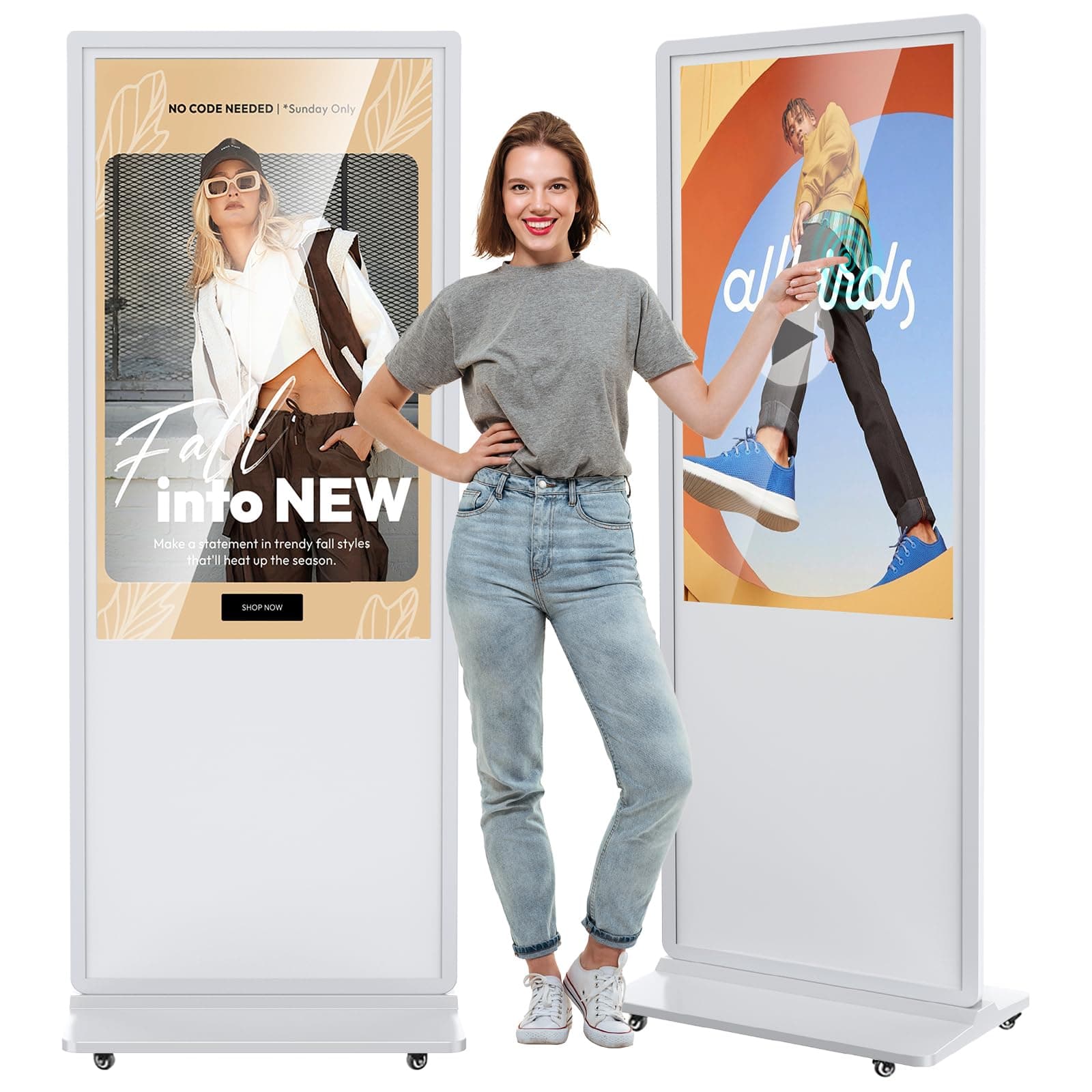JIYANG 55" 4K Touchscreen Digital Signage vertical de piso, Android, HDMI, logo personalizado, blanco