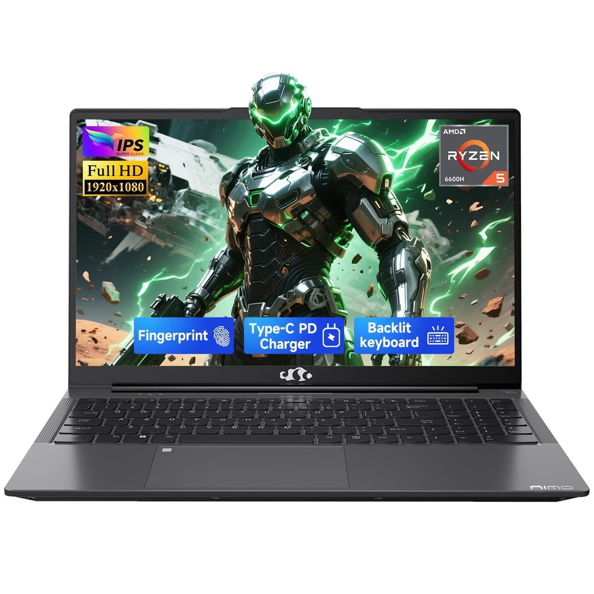 NIMO Laptop para Gaming 15.6" IPS FHD, AMD Ryzen 5 6600H, 16GB DDR5, 512GB SSD (Mejor que i5-1335U, 6 núcleos hasta 4.5GHz), GPU AMD Radeon 660M, USB-C 100W, Teclado retroiluminado con lector de huellas ARN21S