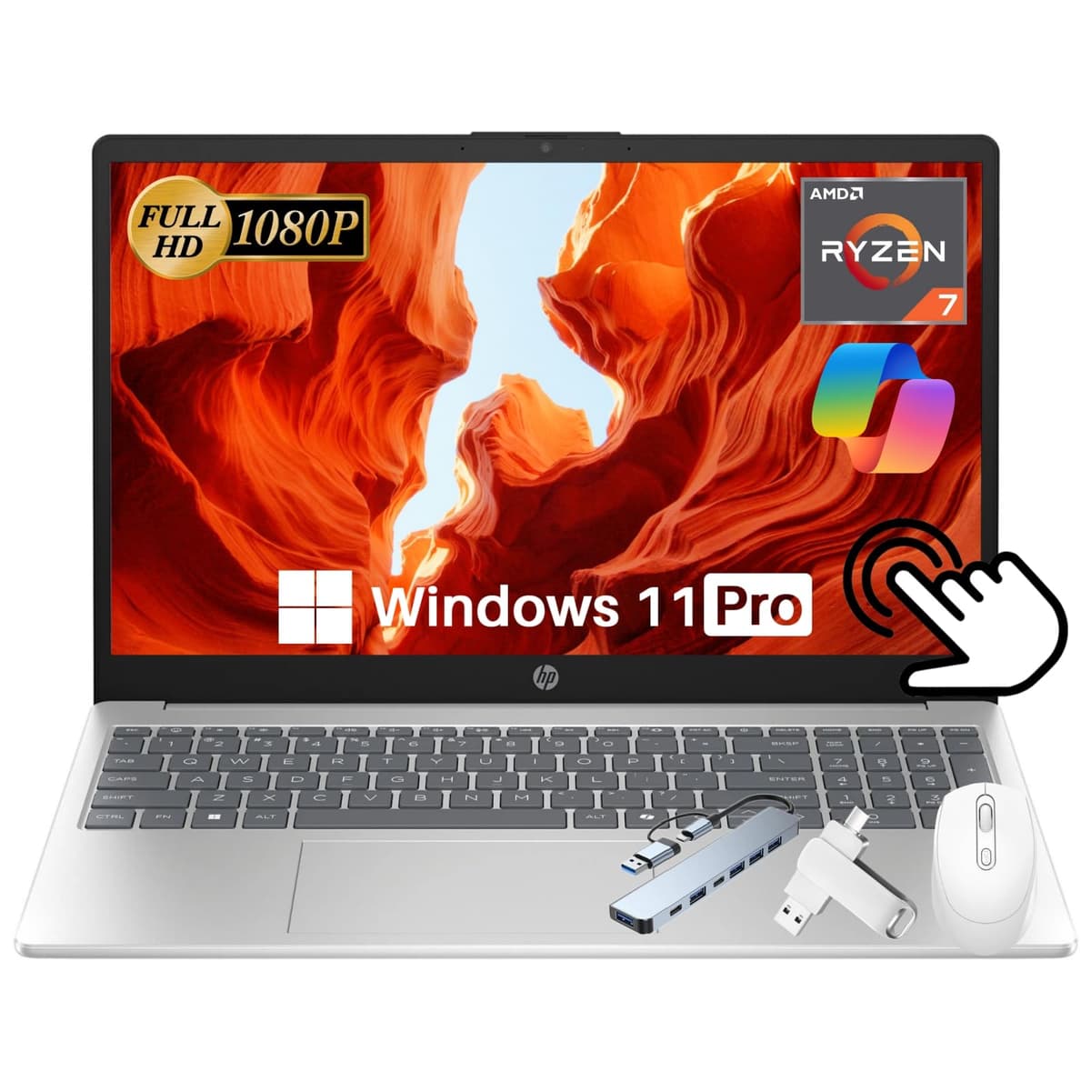 Laptop empresarial táctil HP 15.6" 2025, 15.6" antirreflejo FHD IPS táctil, AMD Ryzen 7 7730U (mejor que i7), 10+ horas de batería, 32 GB RAM, 1 TB SSD, Copilot, Windows 11 Pro, accesorios 17-cn5075cl