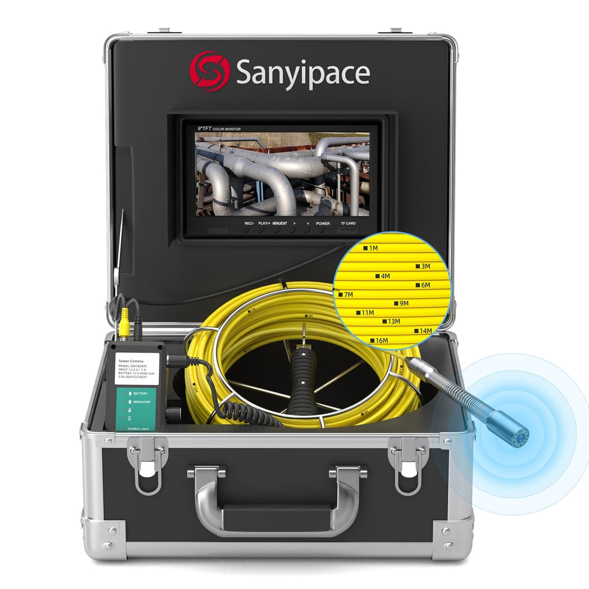 Sanyipace Cámara Autonivelante 165FT/50M con Transmisor 512Hz, Medidor en Cable, Pantalla 9" HD, IP68, 16GB TF S891DSRTC-50M-US