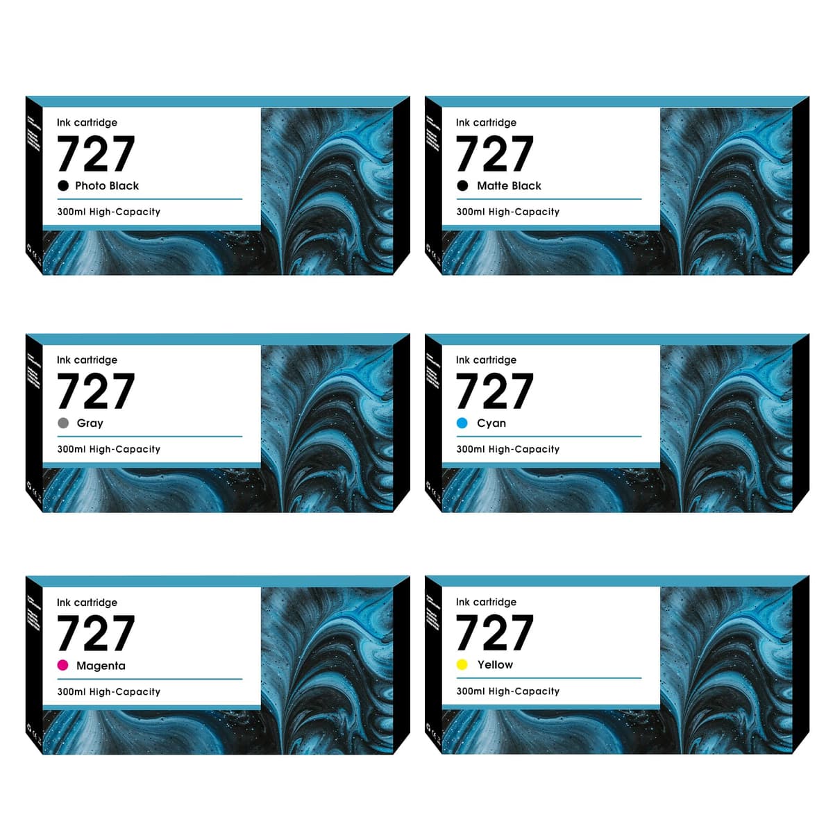 JANMORE Cartuchos 727 300ML (6-Pack) compatibles HP DesignJet T-Serie Photo/Matte/Gray/C/M/Y Universal Dye Ink Refill