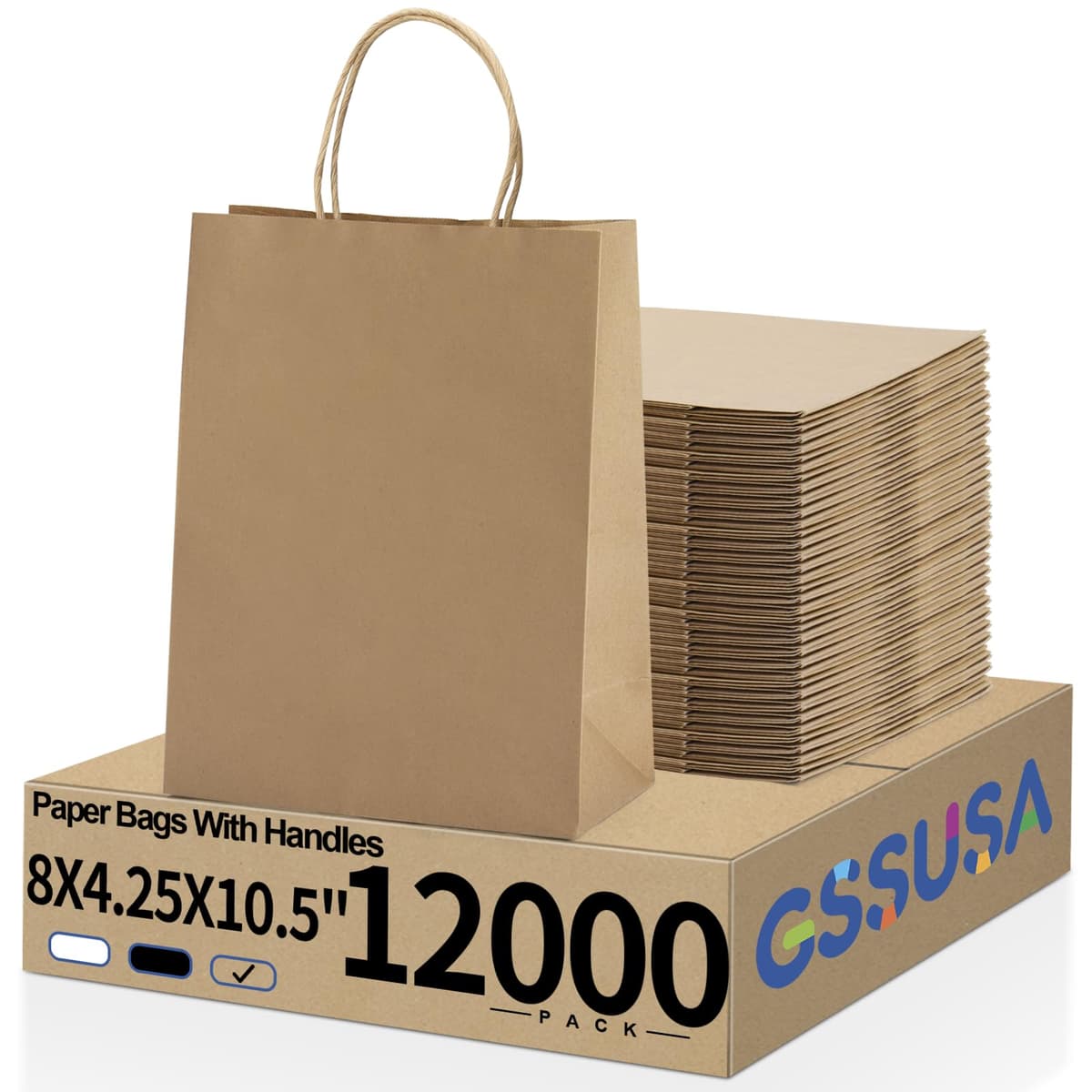 GSSUSA Paper Bags 8x4.25x10 Inch - 12,000 pack (Brown)
