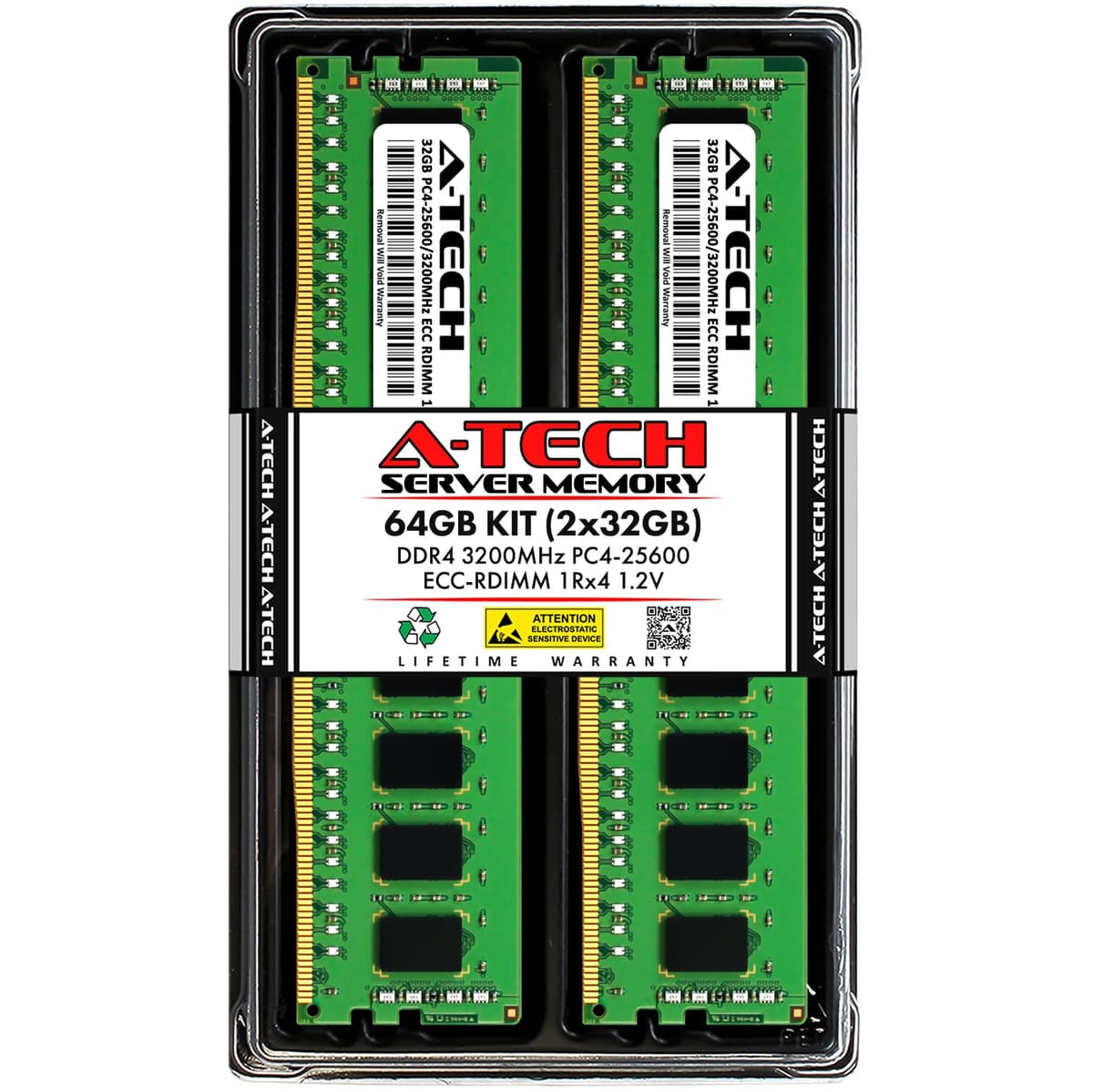 A-Tech Kit de 64GB (2x32GB) DDR4 3200MHz PC4-25600 ECC RDIMM 1Rx4 Rango Simple 1.2V DIMM Registrada con ECC de 288 pines para Servidor y Estación de Trabajo (Serie A-Tech Enterprise) AT32G2D4D3200RS4N12V
