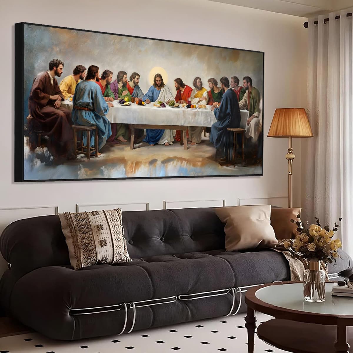 fouholk The Last Supper Canvas Wall Art - Last Supper, blanco y dorado (Black Framed 2, 71L" x 35W") The734992