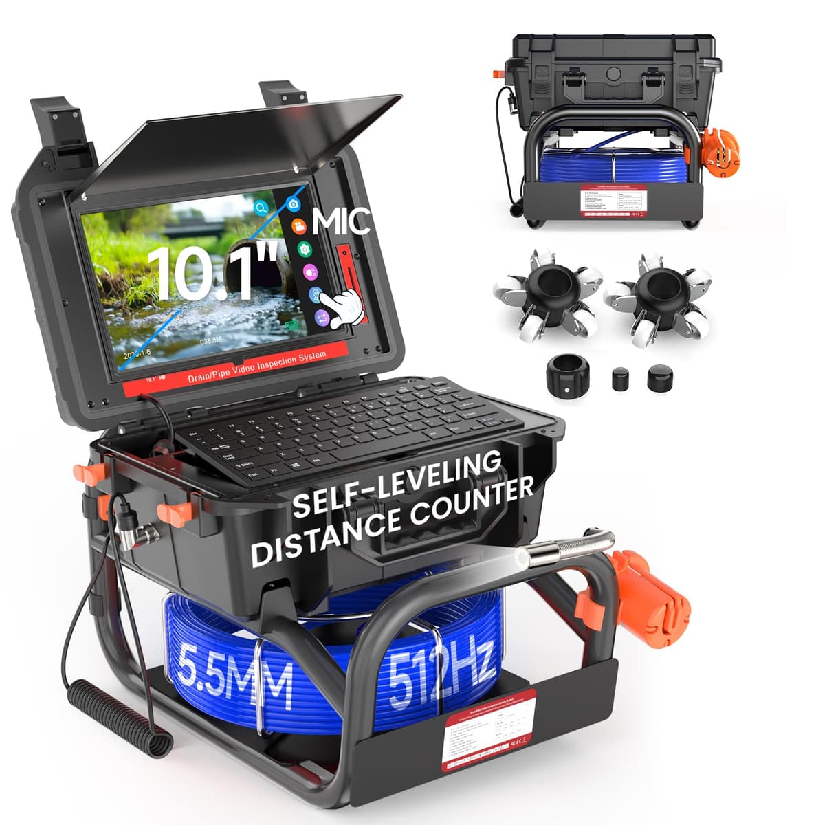 Oiiwak Cámara de Inspección de Cañerías 10.1" 1080P Táctil con Transmisor 512Hz, Autonivel, Contador de Distancia, IP68, Grabador DVR, 165FT WP9607-5-50R